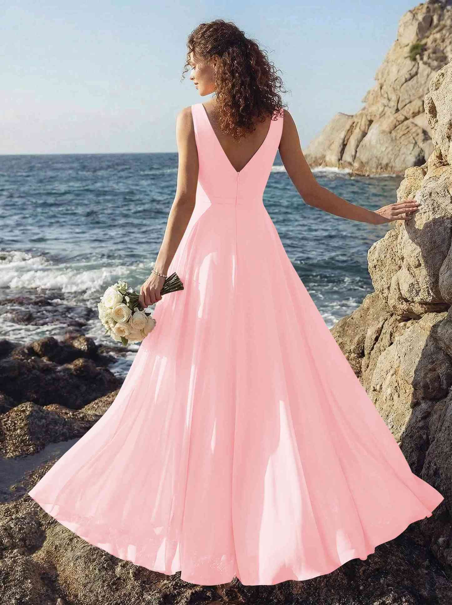 A-Line V-Neck Sleeveless Regular Straps Chiffon Asymmetrical Bridesmaid Dresses With Ruffle, product image 46