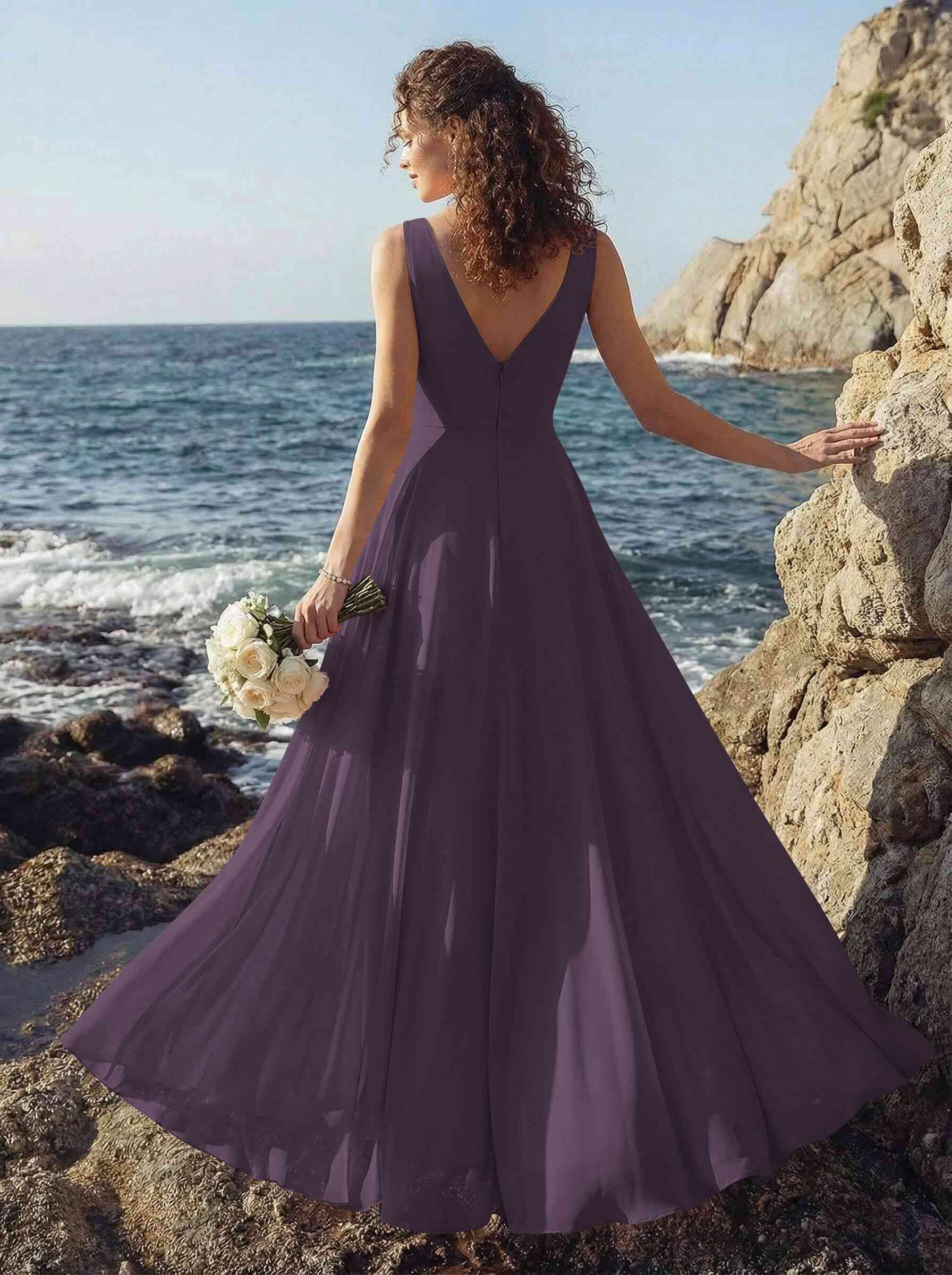 A-Line V-Neck Sleeveless Regular Straps Chiffon Asymmetrical Bridesmaid Dresses With Ruffle, product image 68