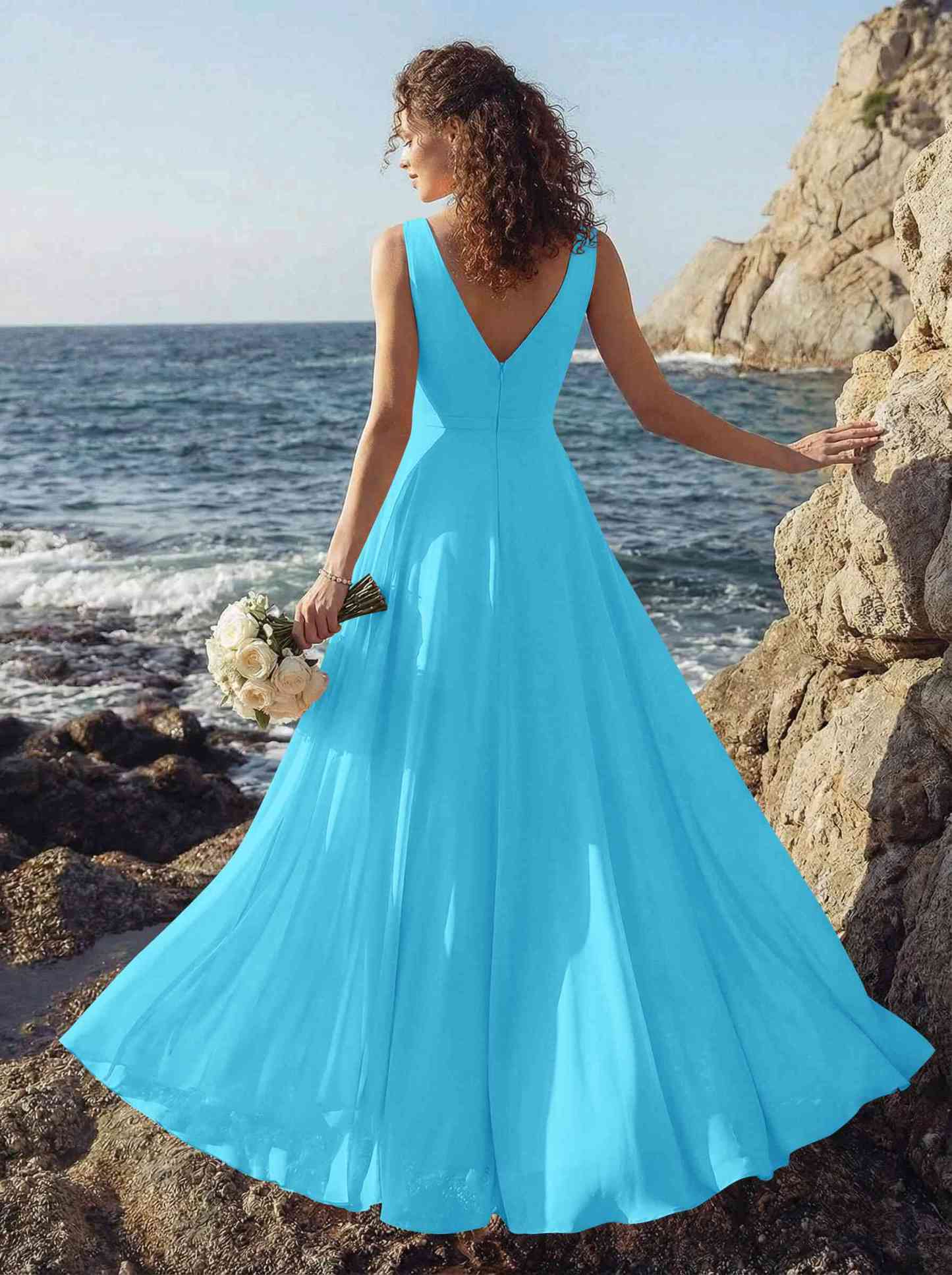 A-Line V-Neck Sleeveless Regular Straps Chiffon Asymmetrical Bridesmaid Dresses With Ruffle, product image 20