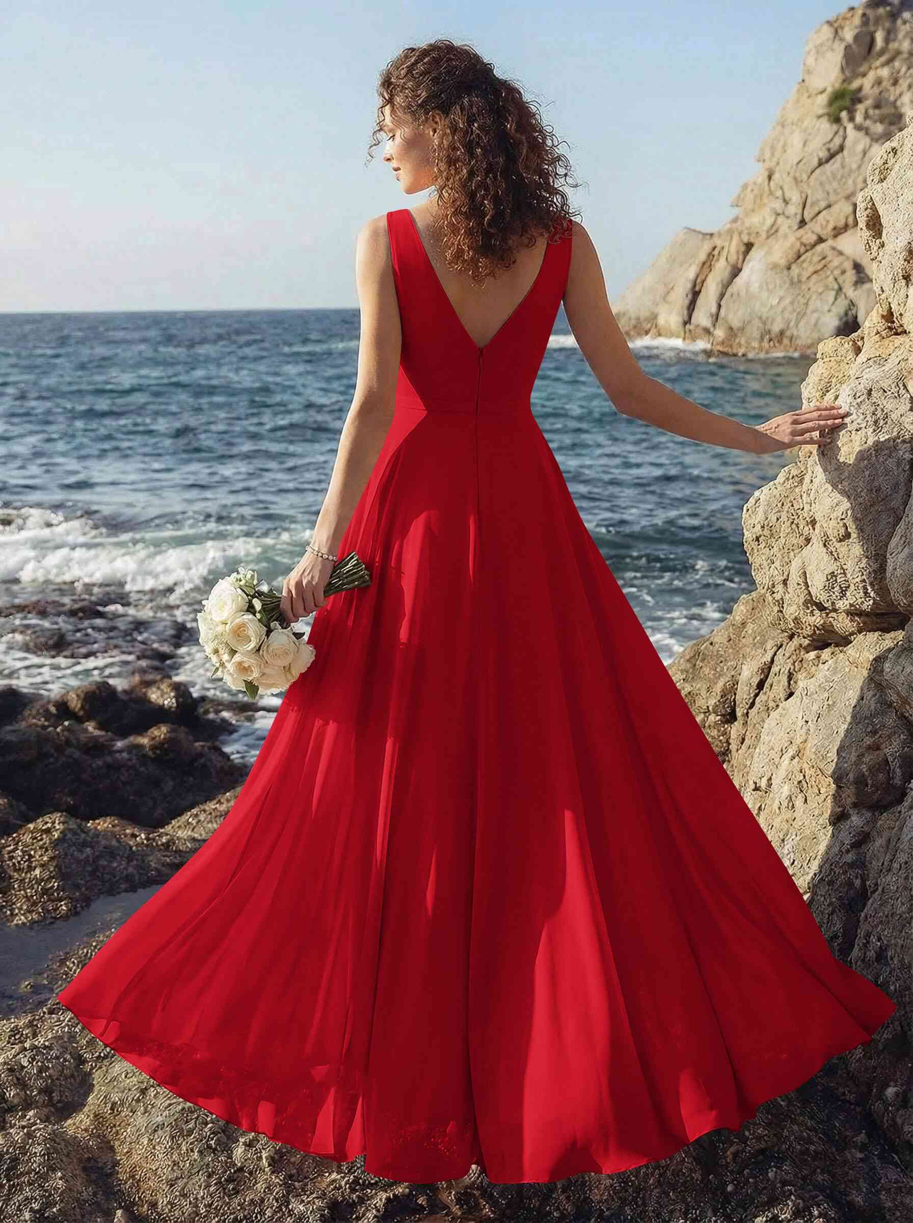 A-Line V-Neck Sleeveless Regular Straps Chiffon Asymmetrical Bridesmaid Dresses With Ruffle, product image 36
