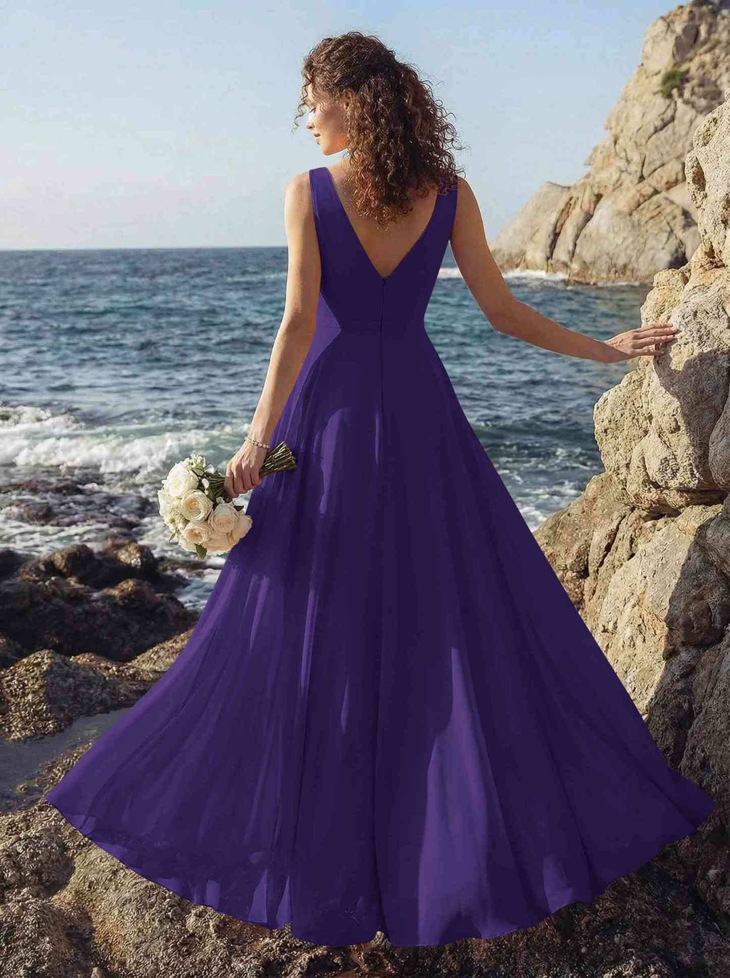 A-Line V-Neck Sleeveless Regular Straps Chiffon Asymmetrical Bridesmaid Dresses With Ruffle, product image 78