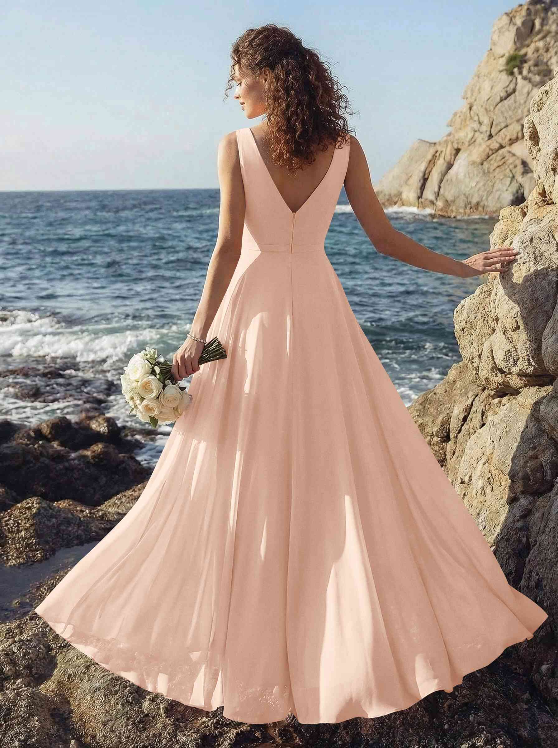 A-Line V-Neck Sleeveless Regular Straps Chiffon Asymmetrical Bridesmaid Dresses With Ruffle, product image 126