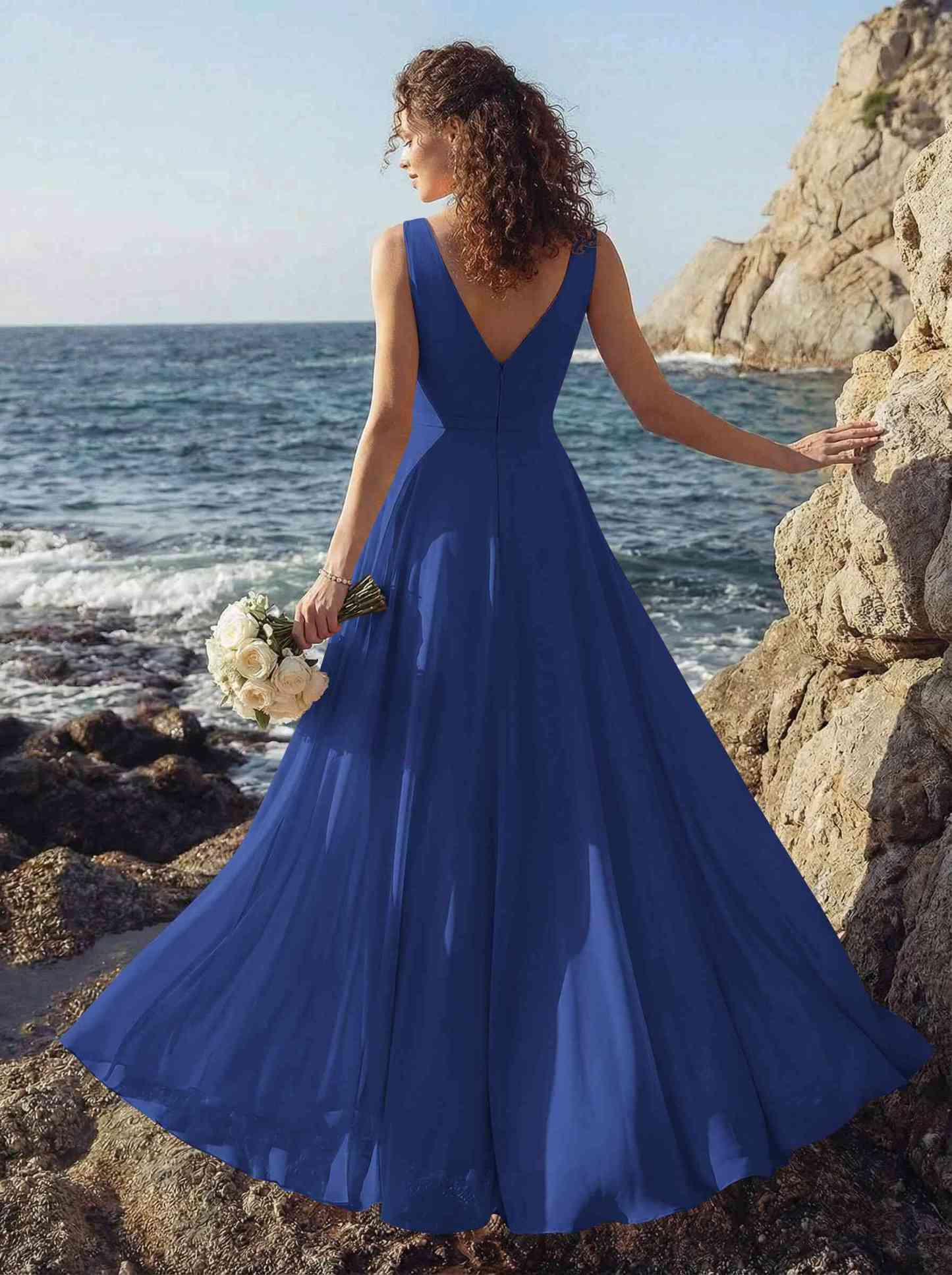 A-Line V-Neck Sleeveless Regular Straps Chiffon Asymmetrical Bridesmaid Dresses With Ruffle, product image 16