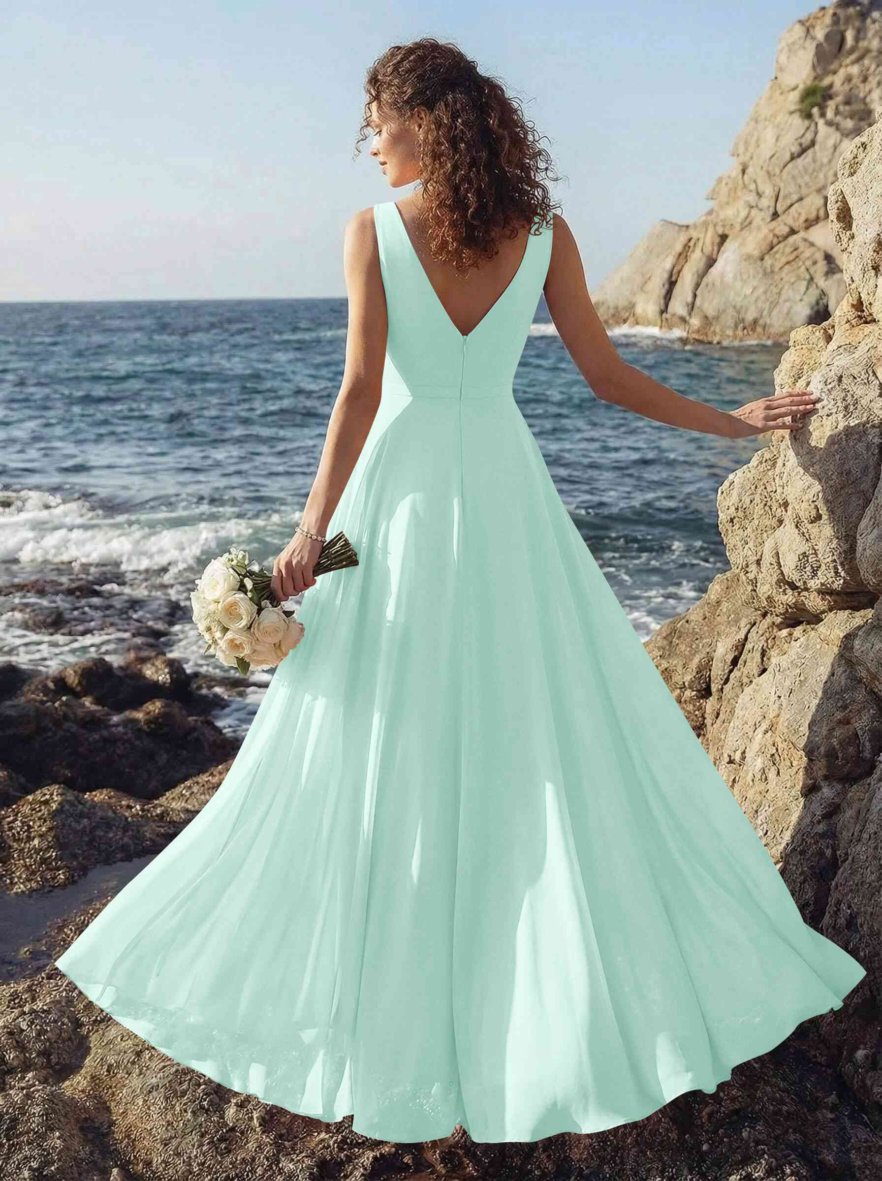 A-Line V-Neck Sleeveless Regular Straps Chiffon Asymmetrical Bridesmaid Dresses With Ruffle, product image 90