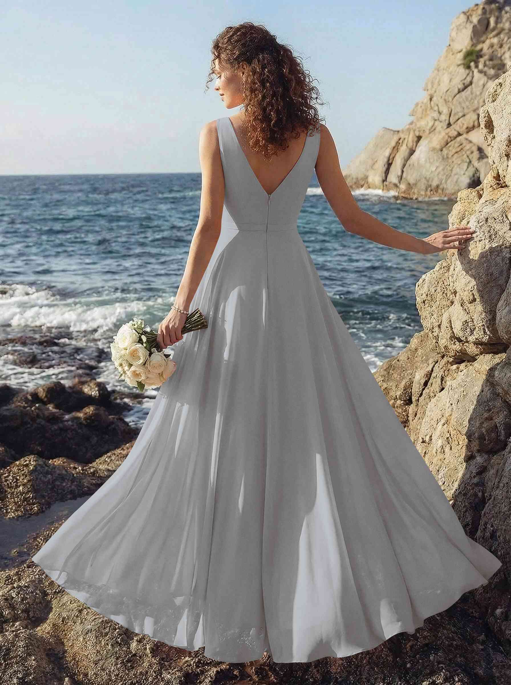 A-Line V-Neck Sleeveless Regular Straps Chiffon Asymmetrical Bridesmaid Dresses With Ruffle, product image 114