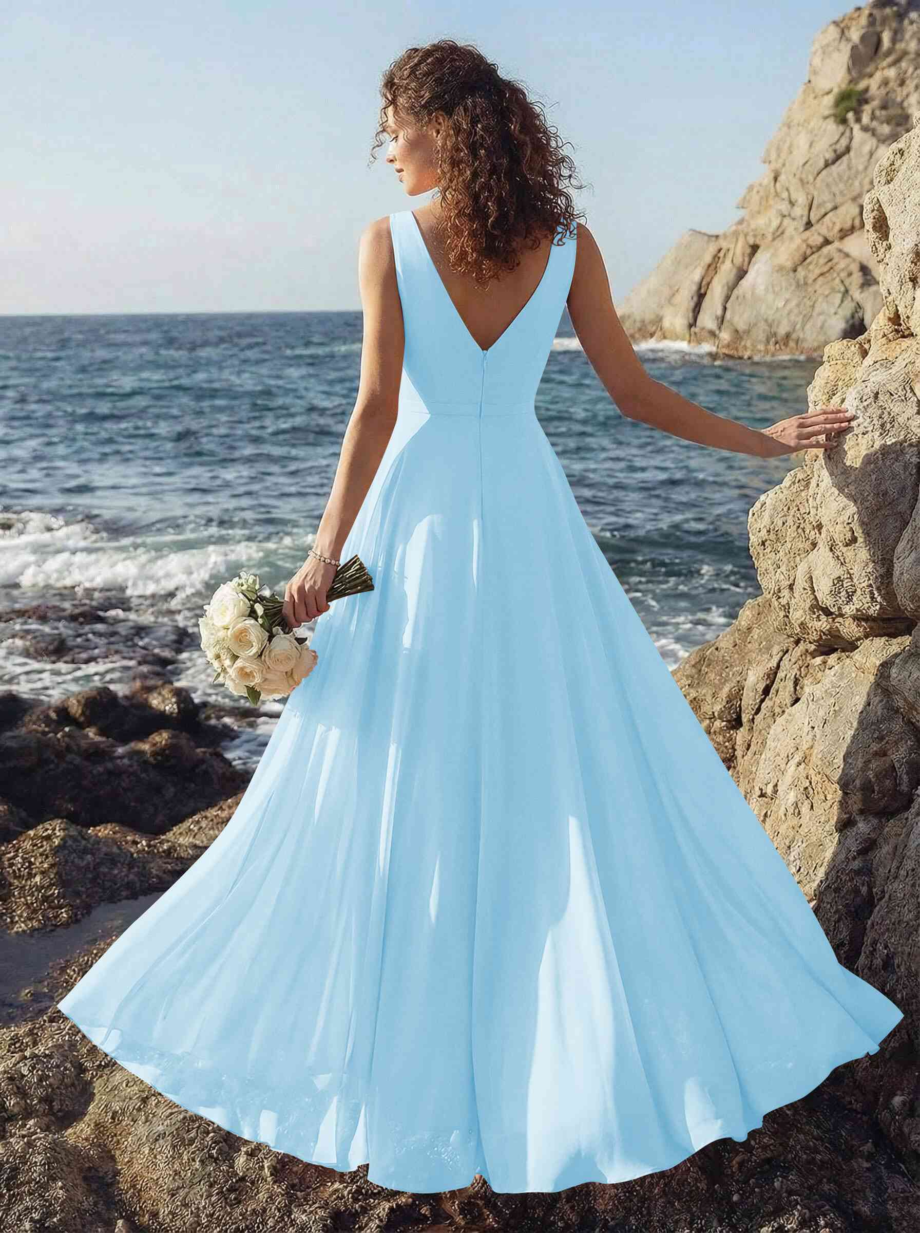 A-Line V-Neck Sleeveless Regular Straps Chiffon Asymmetrical Bridesmaid Dresses With Ruffle, product image 24