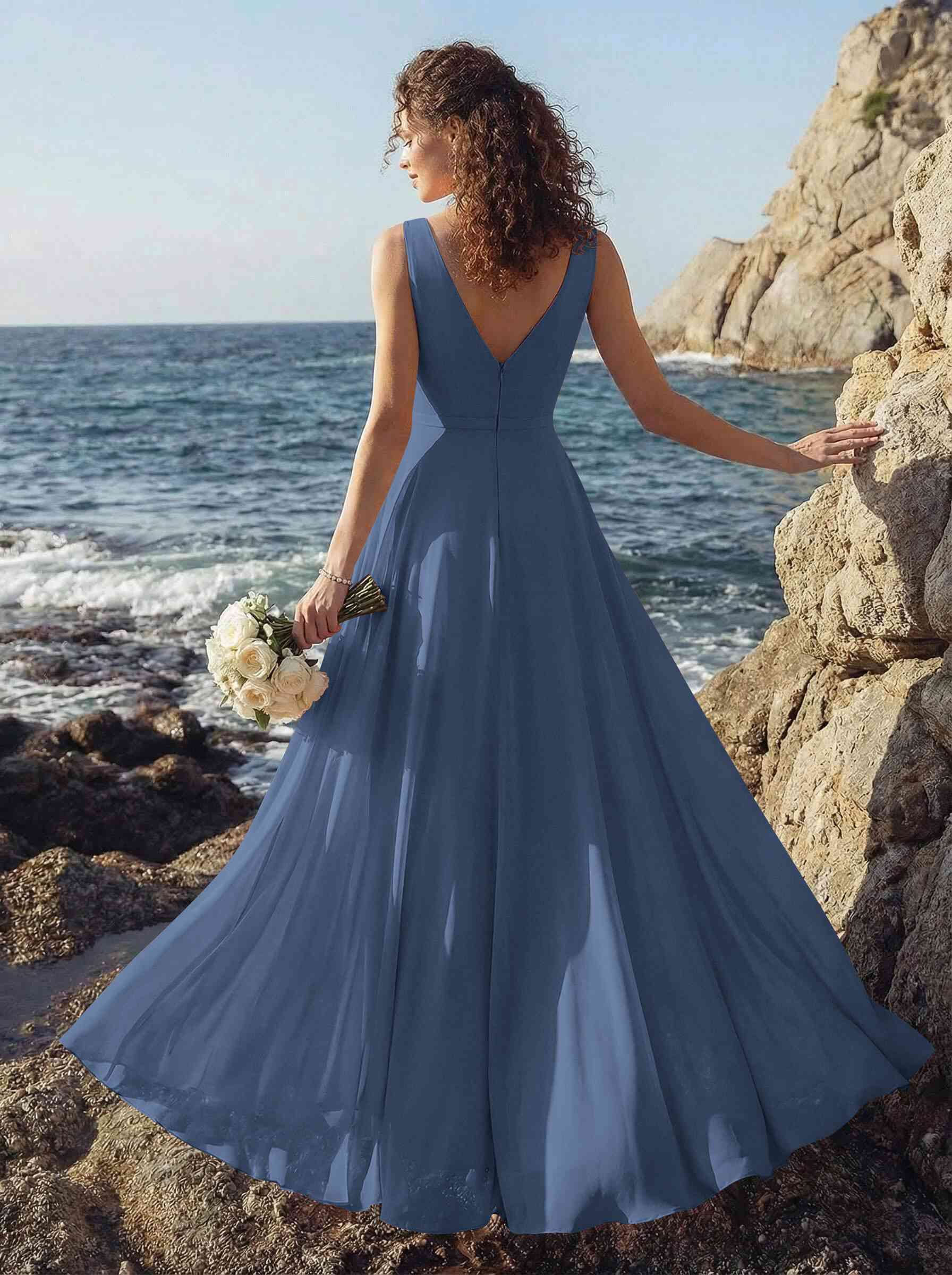 A-Line V-Neck Sleeveless Regular Straps Chiffon Asymmetrical Bridesmaid Dresses With Ruffle, product image 10