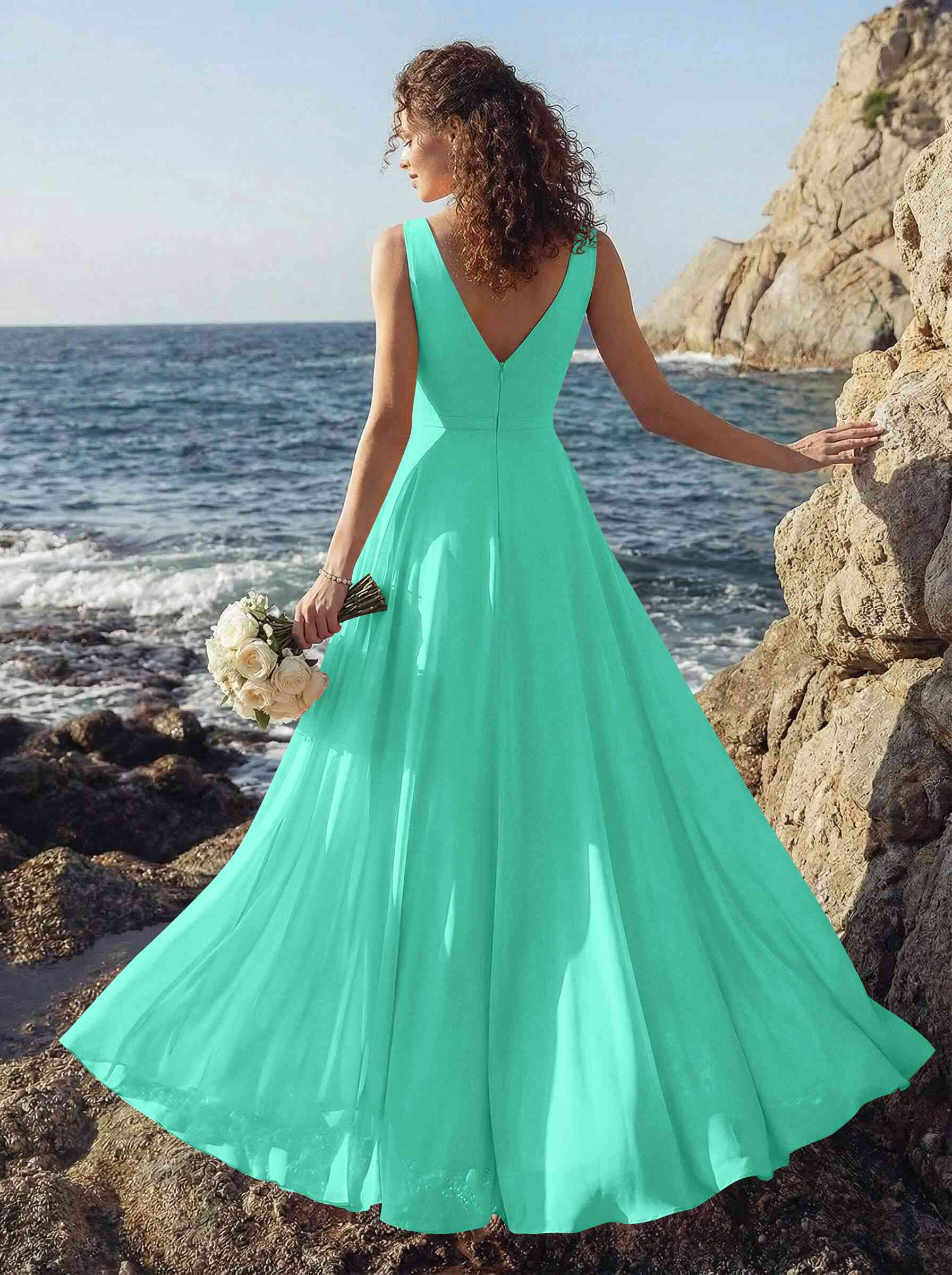 A-Line V-Neck Sleeveless Regular Straps Chiffon Asymmetrical Bridesmaid Dresses With Ruffle, product image 94