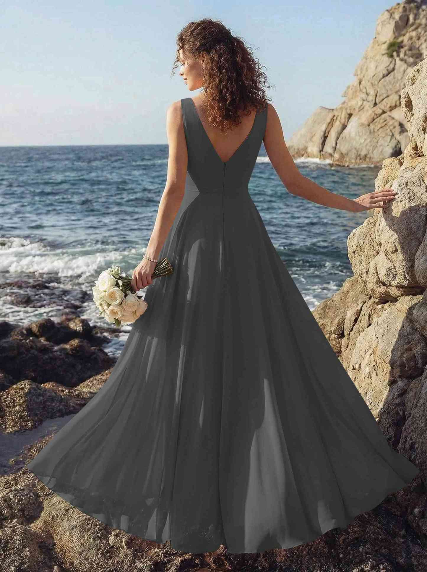 A-Line V-Neck Sleeveless Regular Straps Chiffon Asymmetrical Bridesmaid Dresses With Ruffle, product image 116
