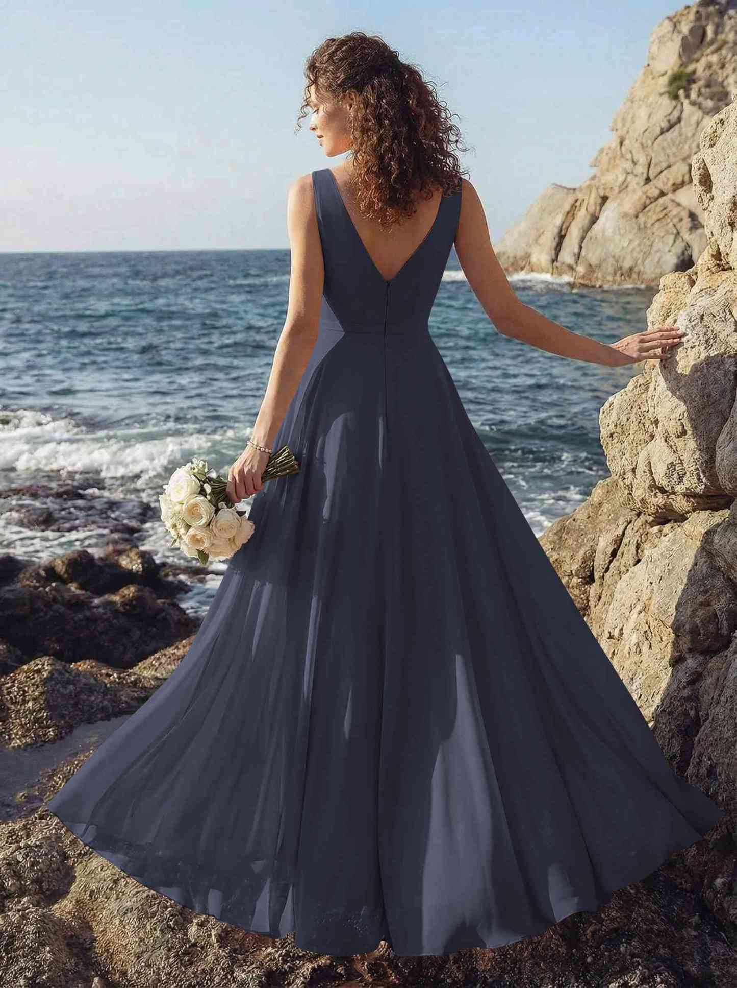 A-Line V-Neck Sleeveless Regular Straps Chiffon Asymmetrical Bridesmaid Dresses With Ruffle, product image 12