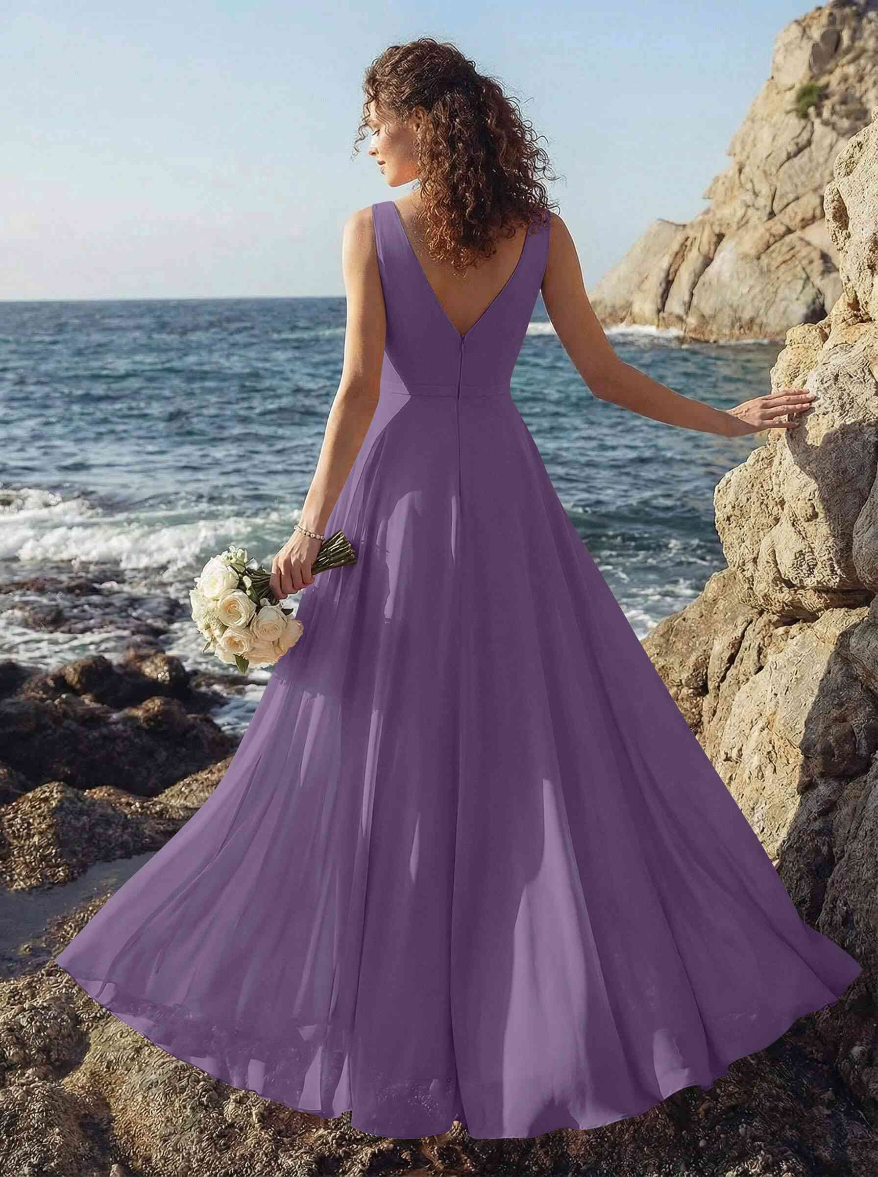A-Line V-Neck Sleeveless Regular Straps Chiffon Asymmetrical Bridesmaid Dresses With Ruffle, product image 66