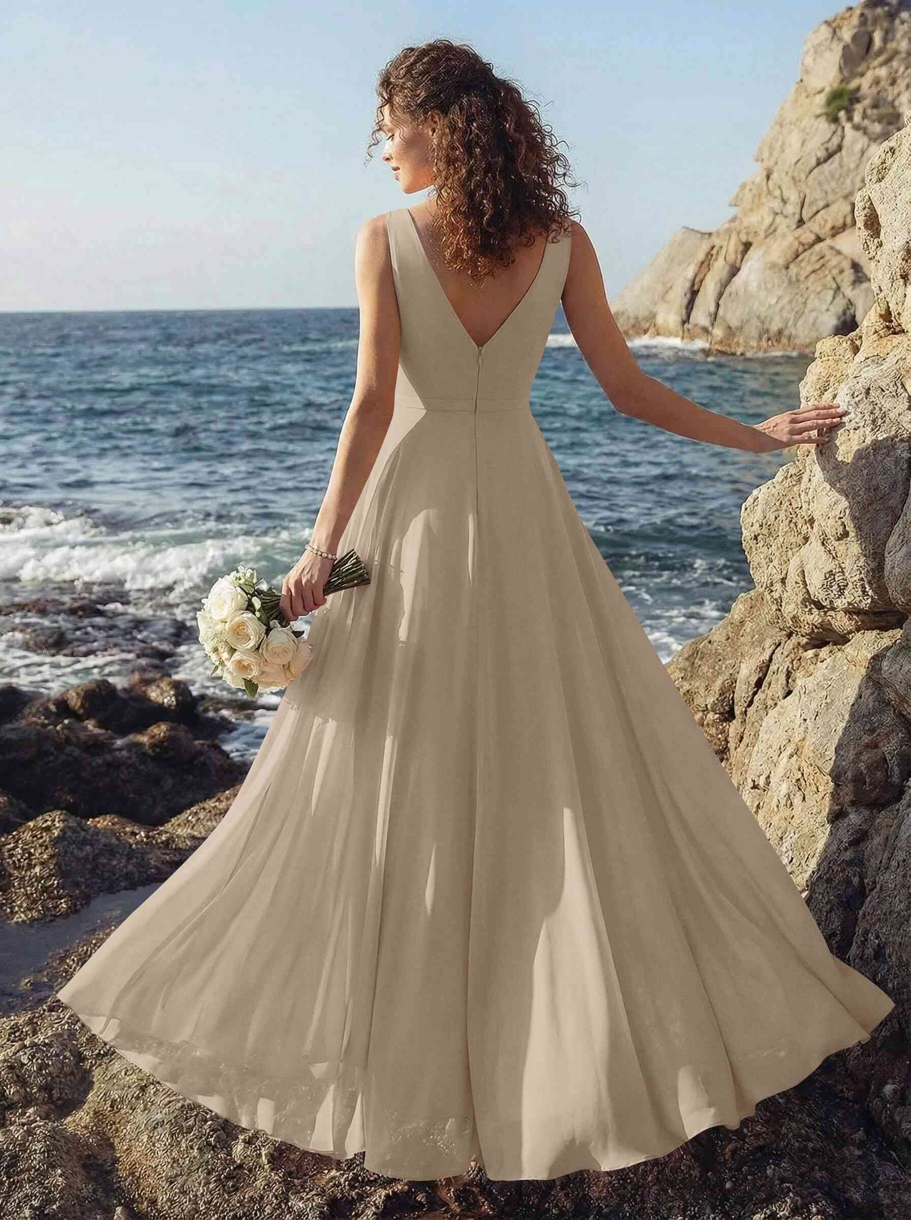 A-Line V-Neck Sleeveless Regular Straps Chiffon Asymmetrical Bridesmaid Dresses With Ruffle, product image 98