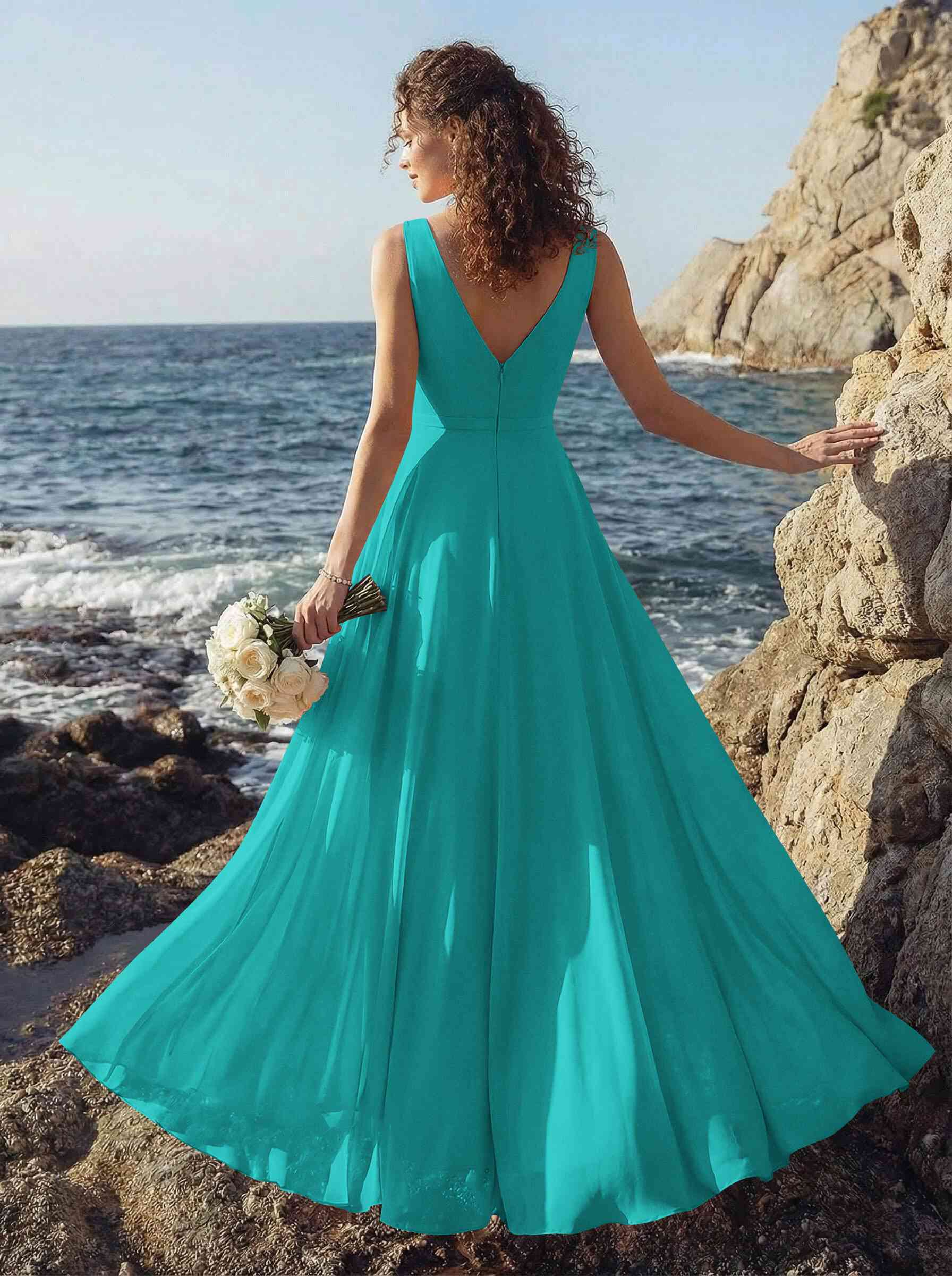 A-Line V-Neck Sleeveless Regular Straps Chiffon Asymmetrical Bridesmaid Dresses With Ruffle, product image 136