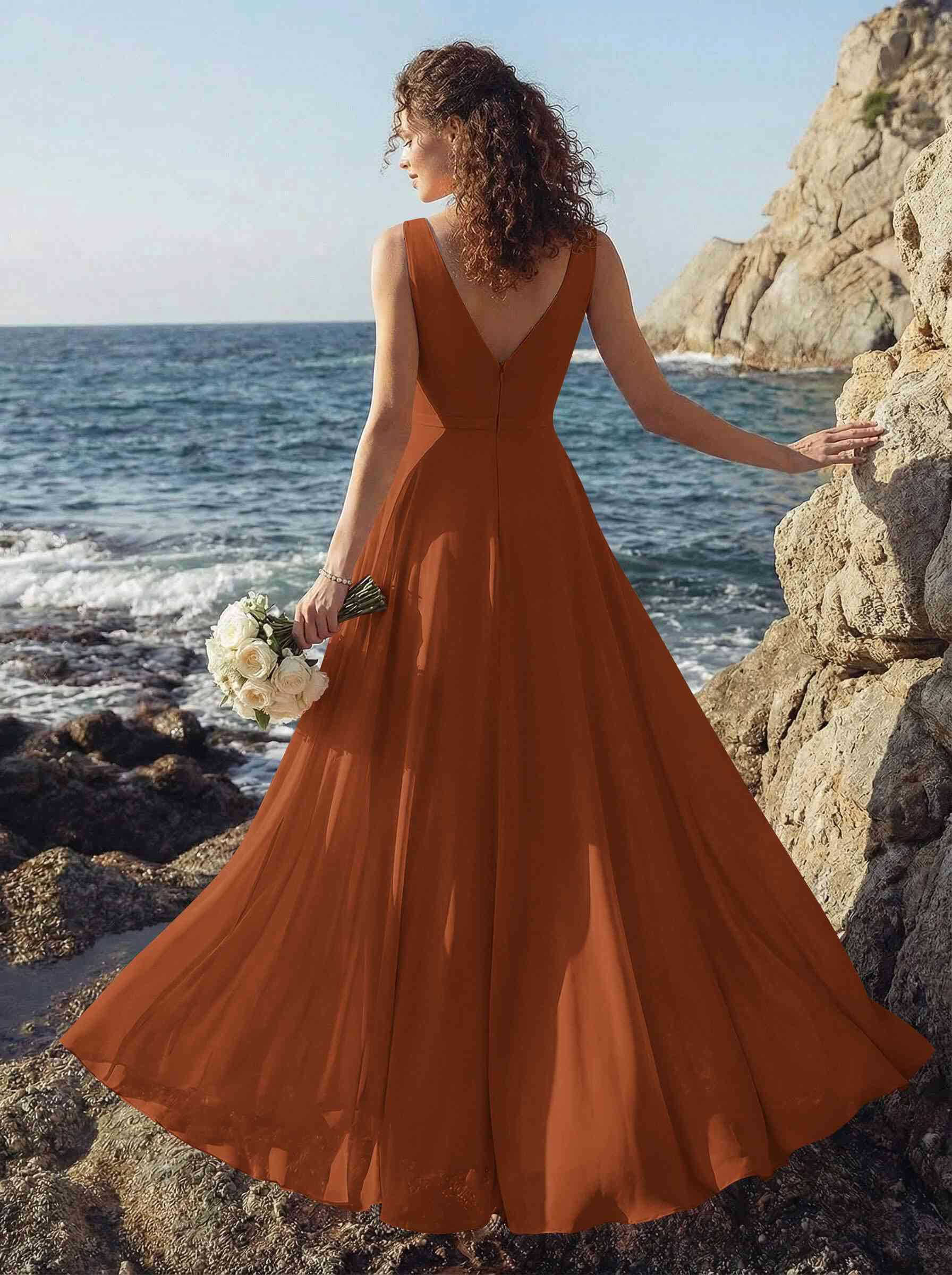 A-Line V-Neck Sleeveless Regular Straps Chiffon Asymmetrical Bridesmaid Dresses With Ruffle, product image 134