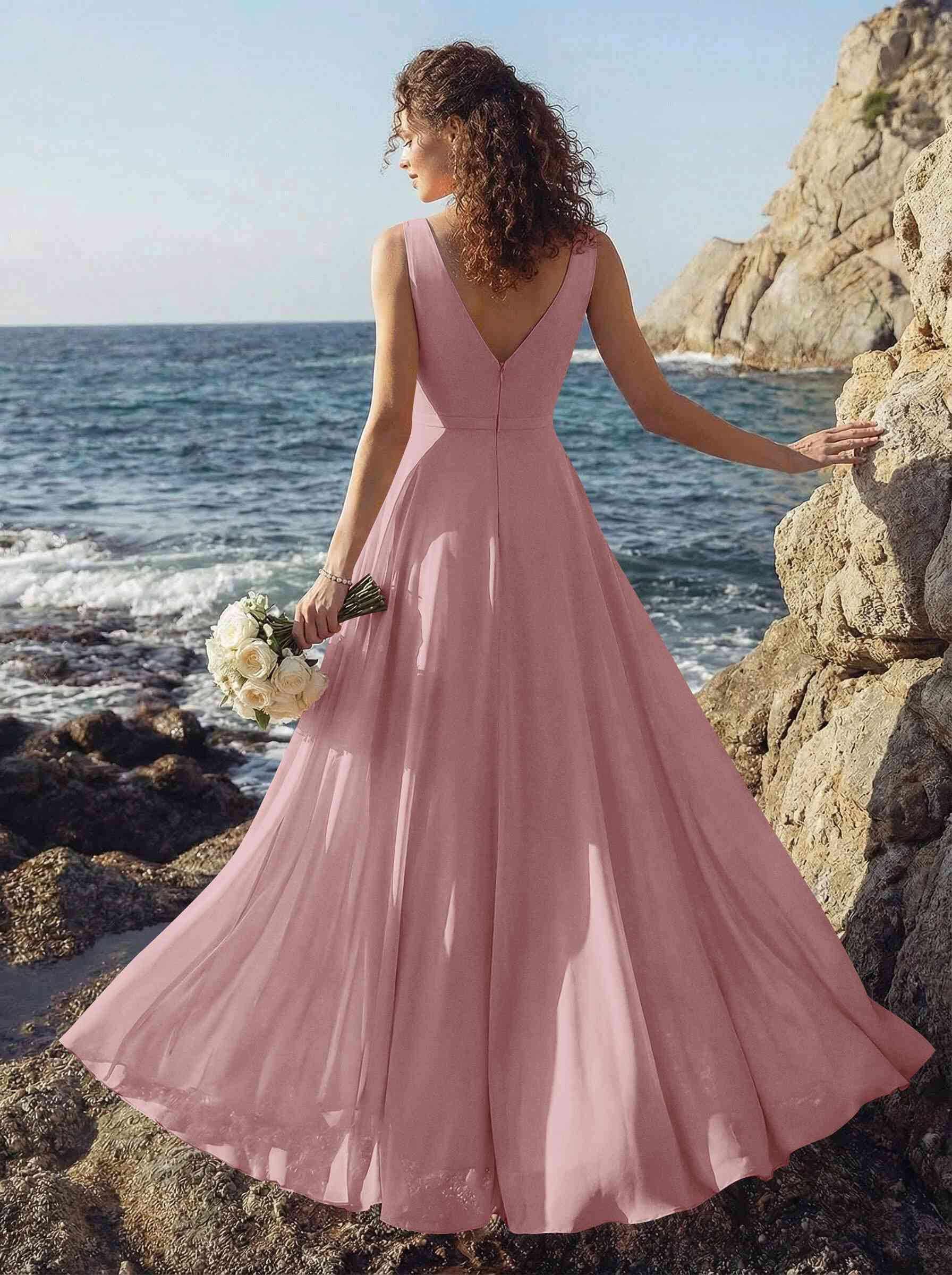A-Line V-Neck Sleeveless Regular Straps Chiffon Asymmetrical Bridesmaid Dresses With Ruffle, product image 58