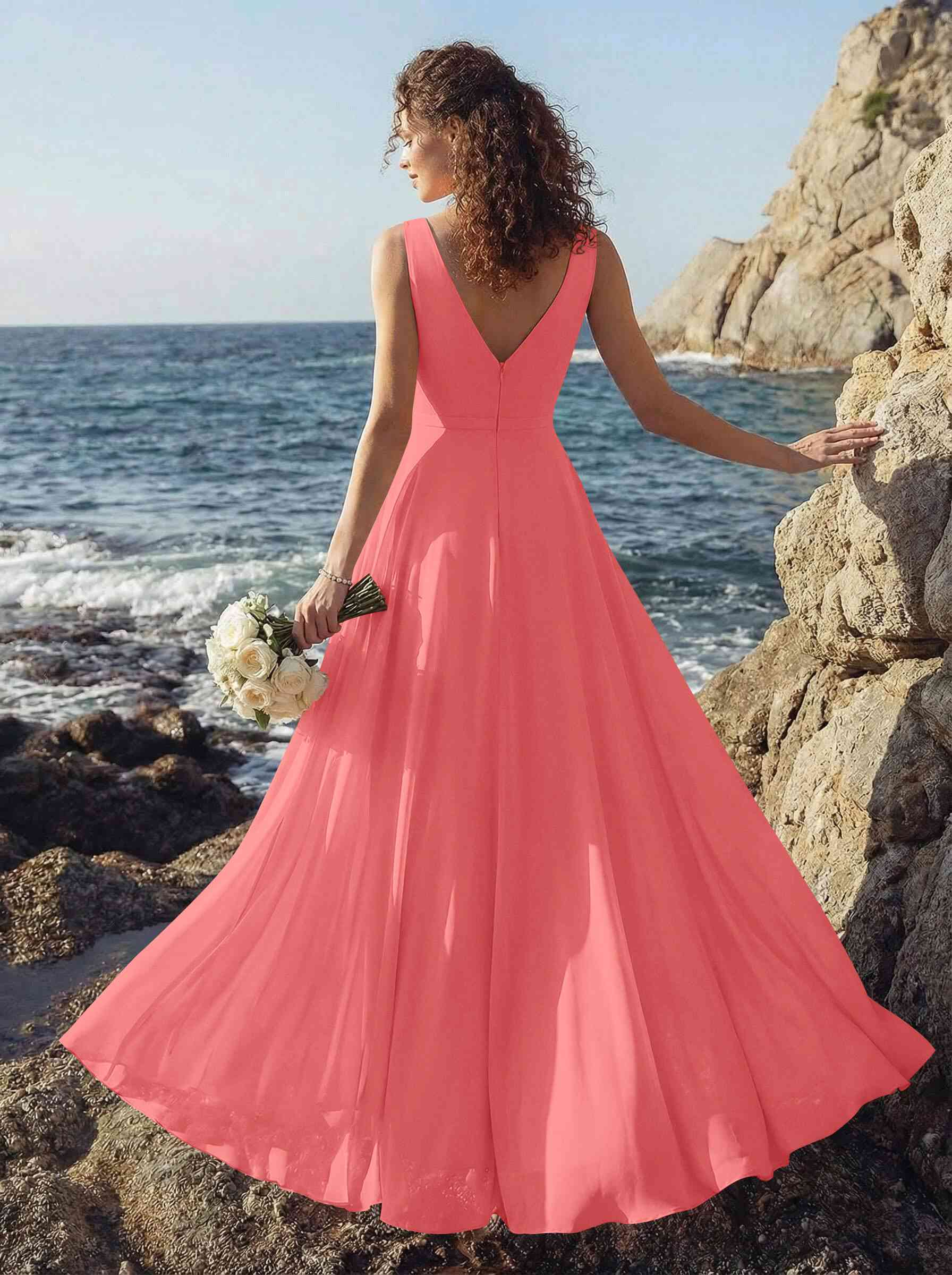 A-Line V-Neck Sleeveless Regular Straps Chiffon Asymmetrical Bridesmaid Dresses With Ruffle, product image 40