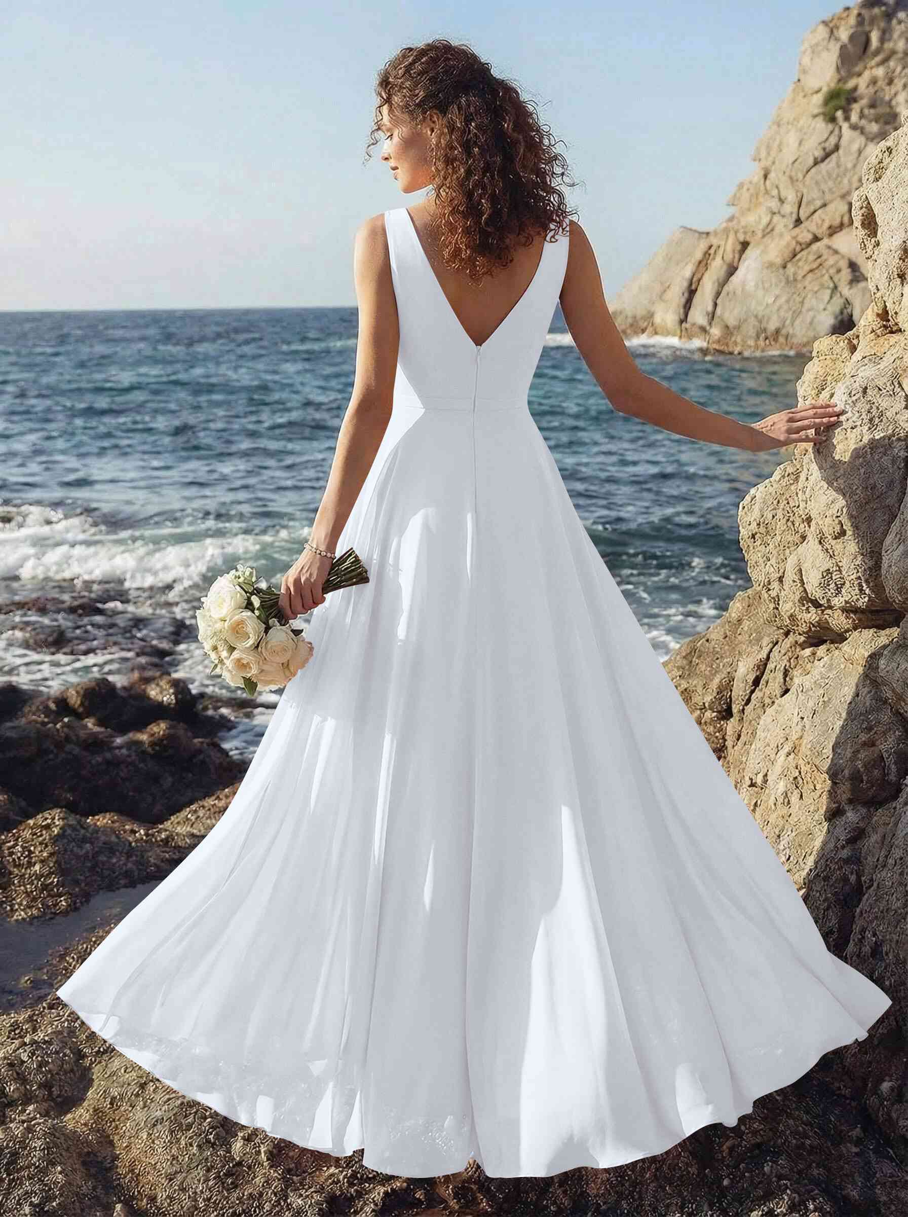 A-Line V-Neck Sleeveless Regular Straps Chiffon Asymmetrical Bridesmaid Dresses With Ruffle, product image 112