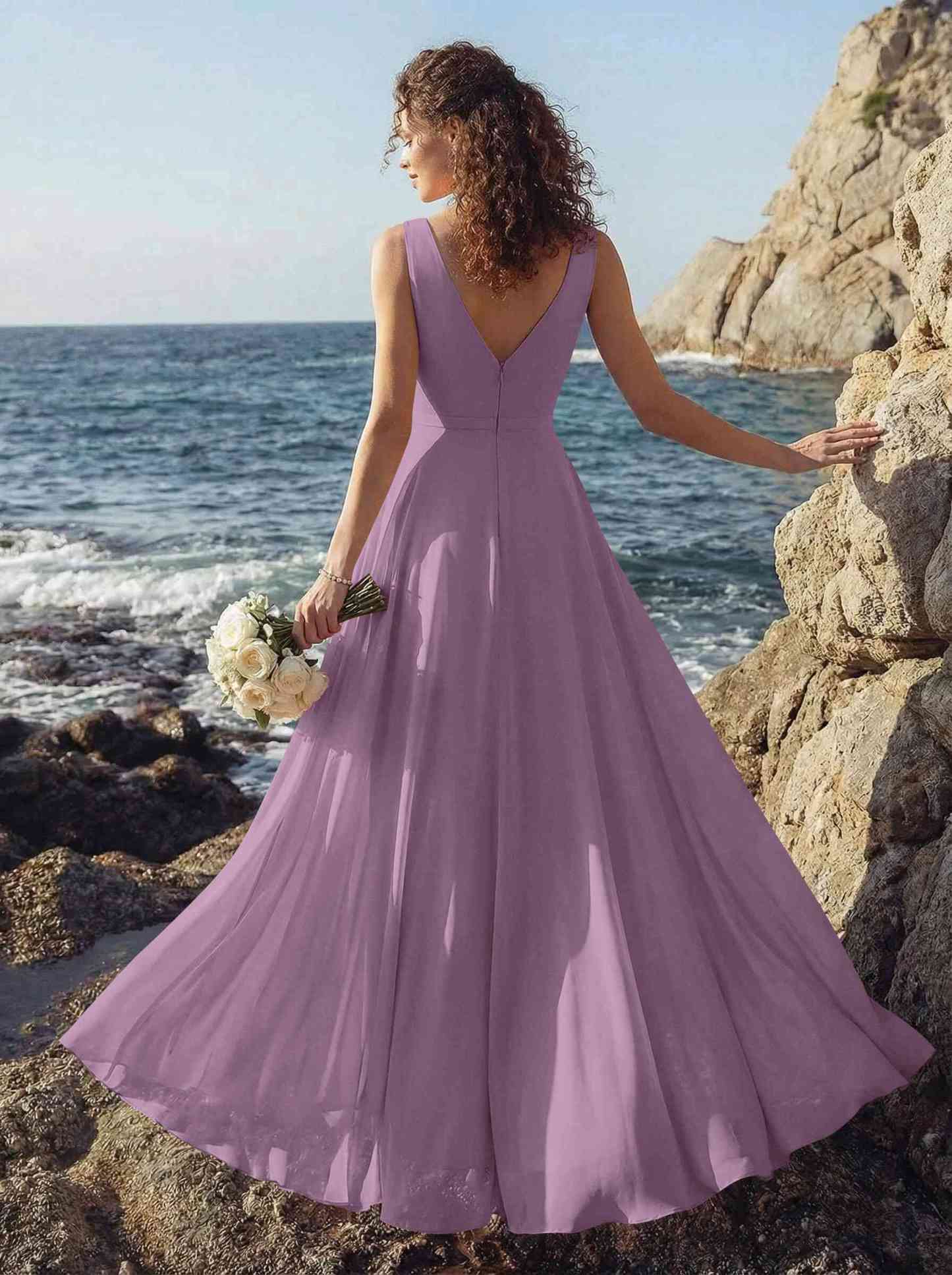 A-Line V-Neck Sleeveless Regular Straps Chiffon Asymmetrical Bridesmaid Dresses With Ruffle, product image 56