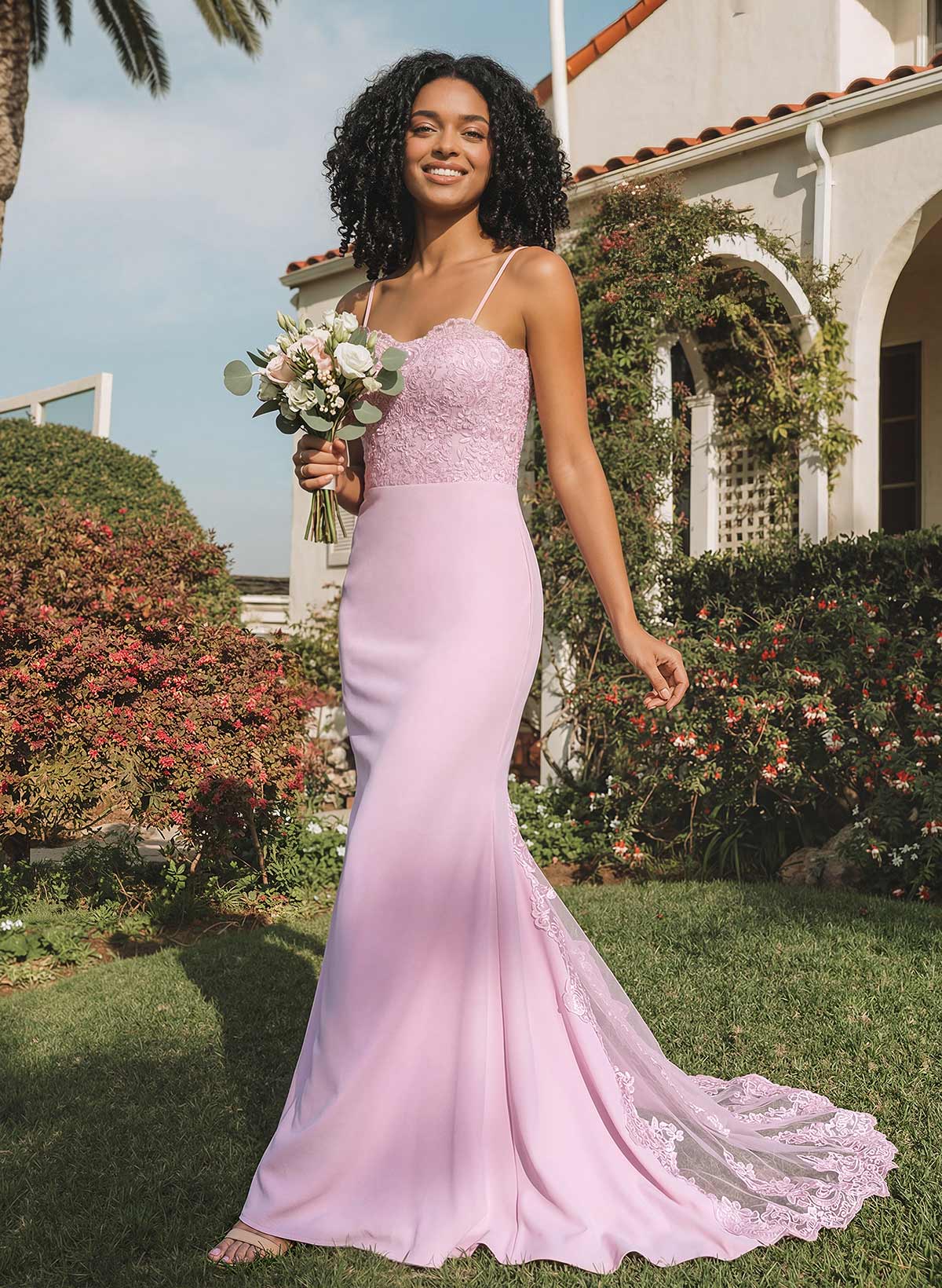 Trumpet/Mermaid Sweetheart Elastic Satin Bridesmaid Dresses With Appliques Lace, product image 1