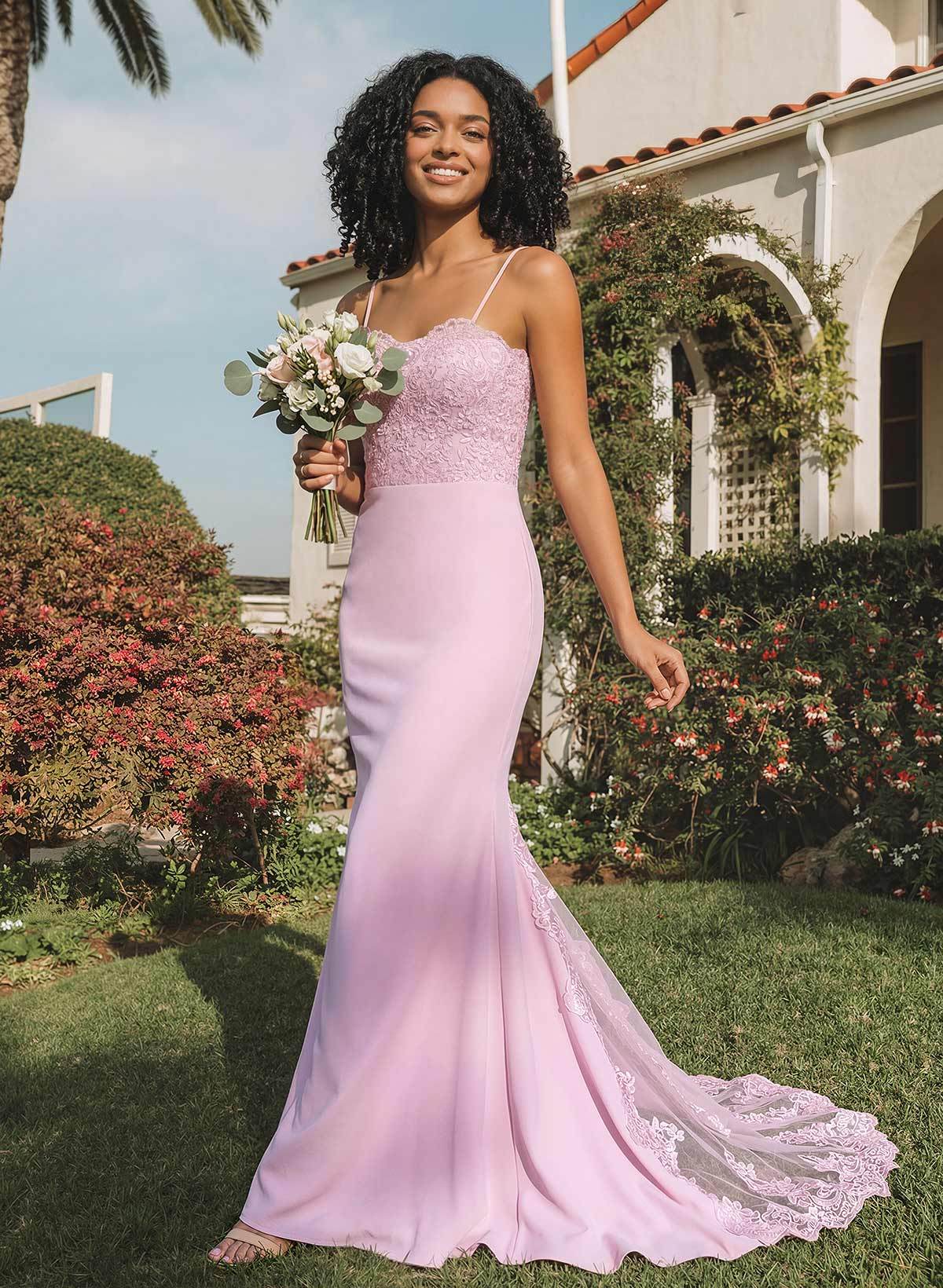 Trumpet/Mermaid Sweetheart Elastic Satin Bridesmaid Dresses With Appliques Lace in As Picture, US2
