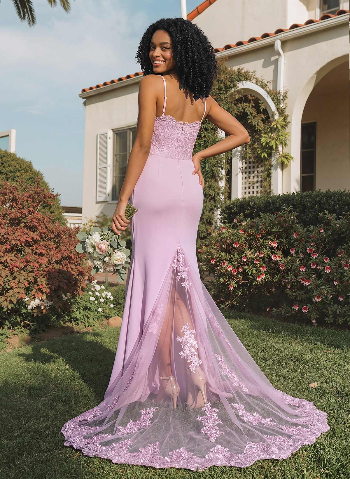 Trumpet/Mermaid Sweetheart Elastic Satin Bridesmaid Dresses With Appliques Lace, product image 2