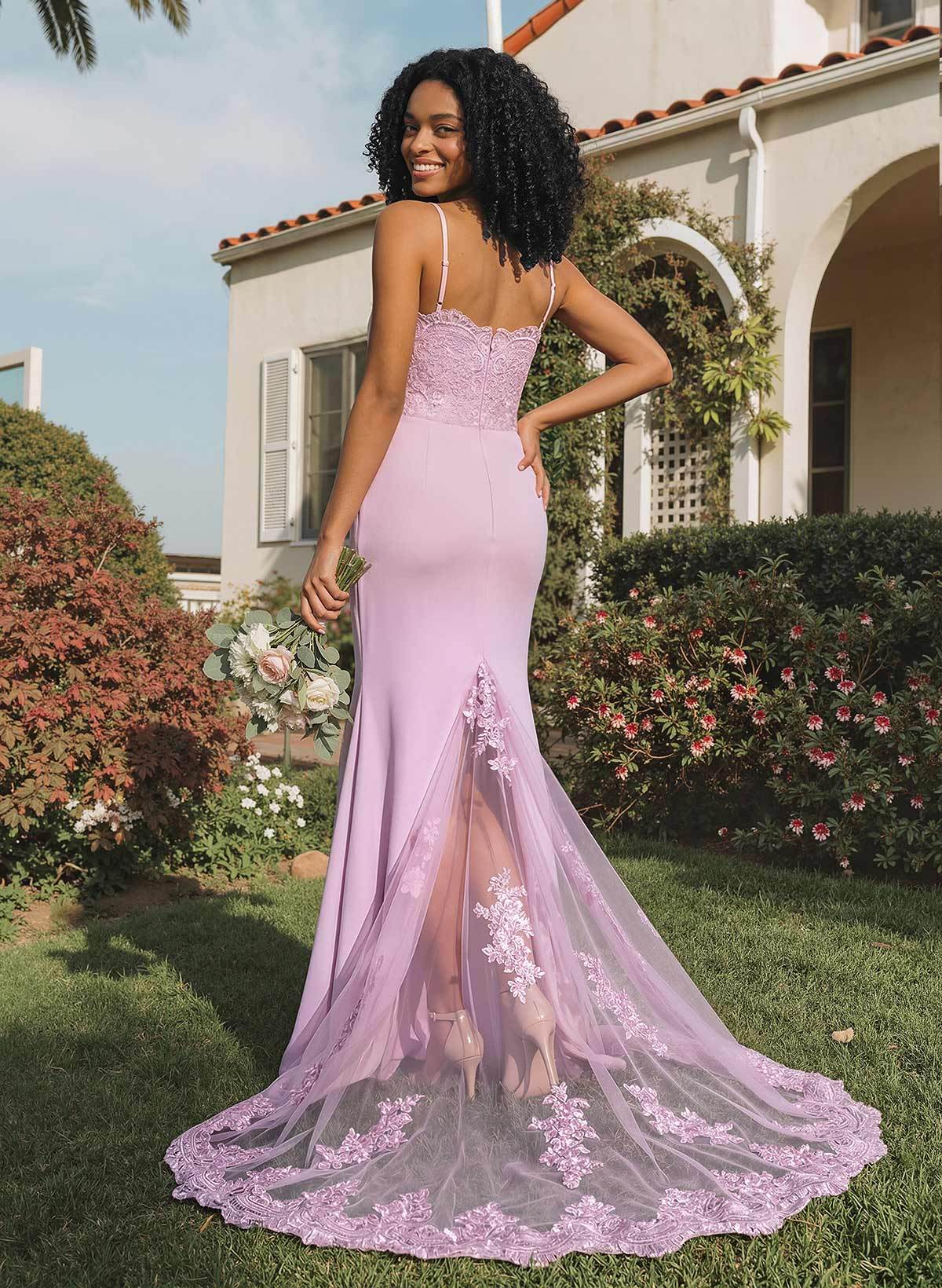 Trumpet/Mermaid Sweetheart Elastic Satin Bridesmaid Dresses With Appliques Lace, product image 2