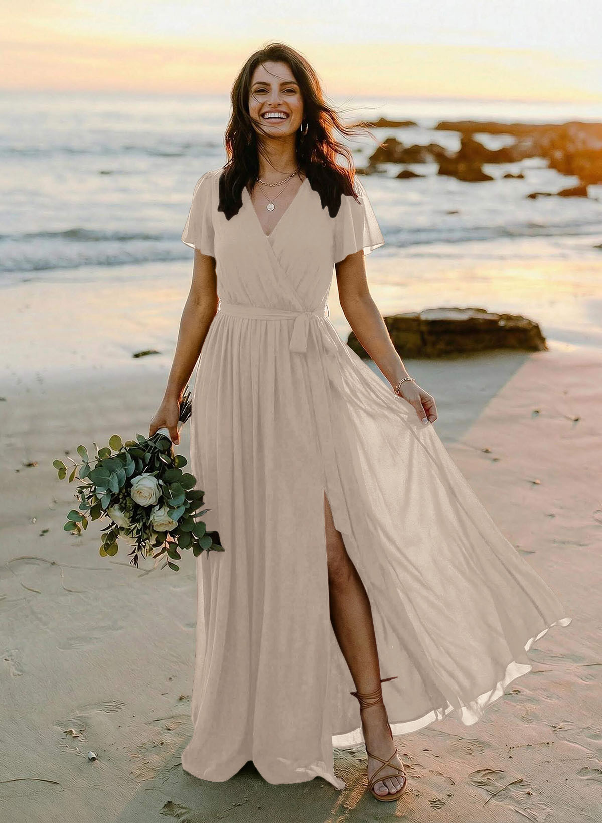 A-Line V-Neck Short Sleeves Chiffon Floor-Length Bridesmaid Dresses With Bow(s), product image 122