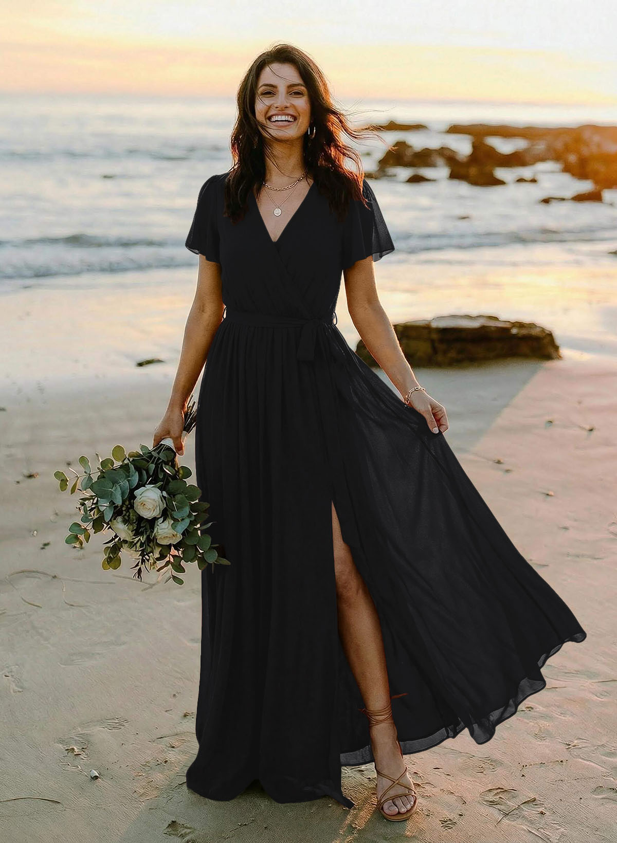 A-Line V-Neck Short Sleeves Chiffon Floor-Length Bridesmaid Dresses With Bow(s), product image 118
