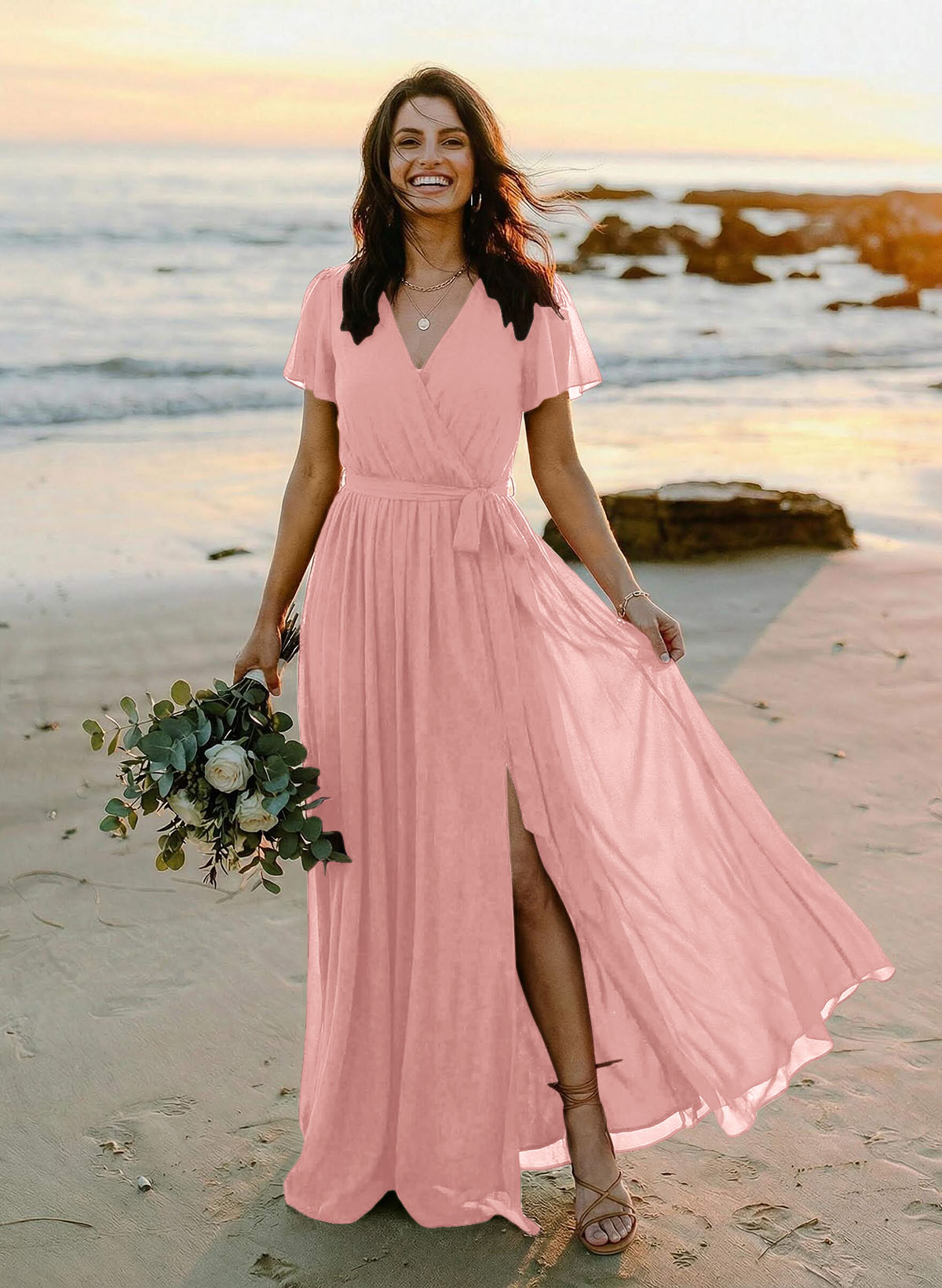 A-Line V-Neck Short Sleeves Chiffon Floor-Length Bridesmaid Dresses With Bow(s), product image 44