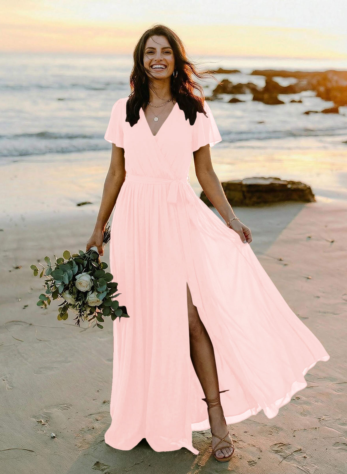 A-Line V-Neck Short Sleeves Chiffon Floor-Length Bridesmaid Dresses With Bow(s), product image 50