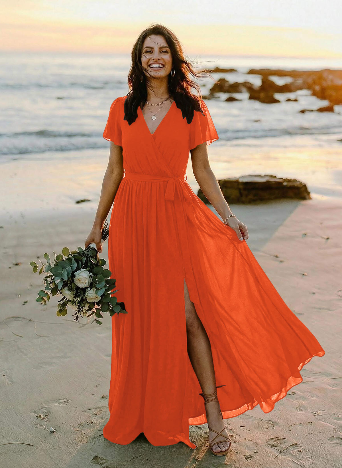 A-Line V-Neck Short Sleeves Chiffon Floor-Length Bridesmaid Dresses With Bow(s), product image 124