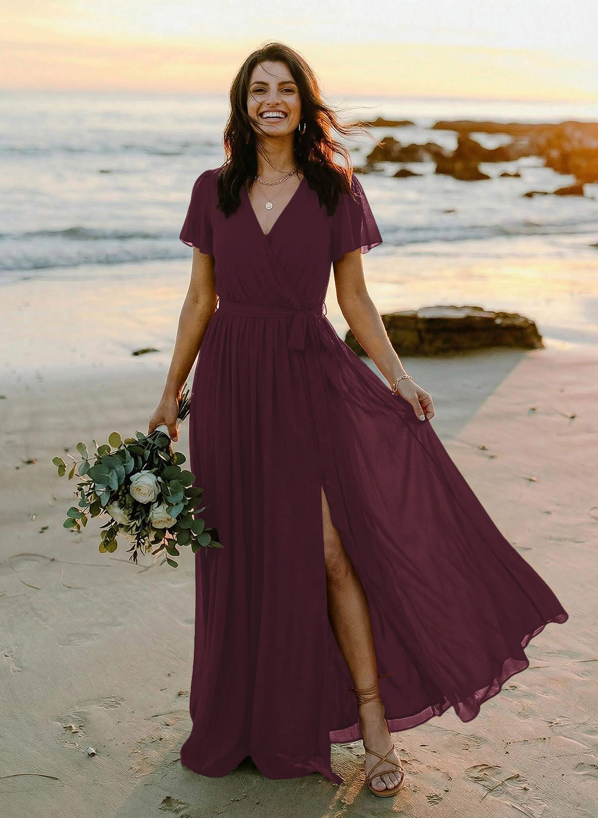 A-Line V-Neck Short Sleeves Chiffon Floor-Length Bridesmaid Dresses With Bow(s), product image 28