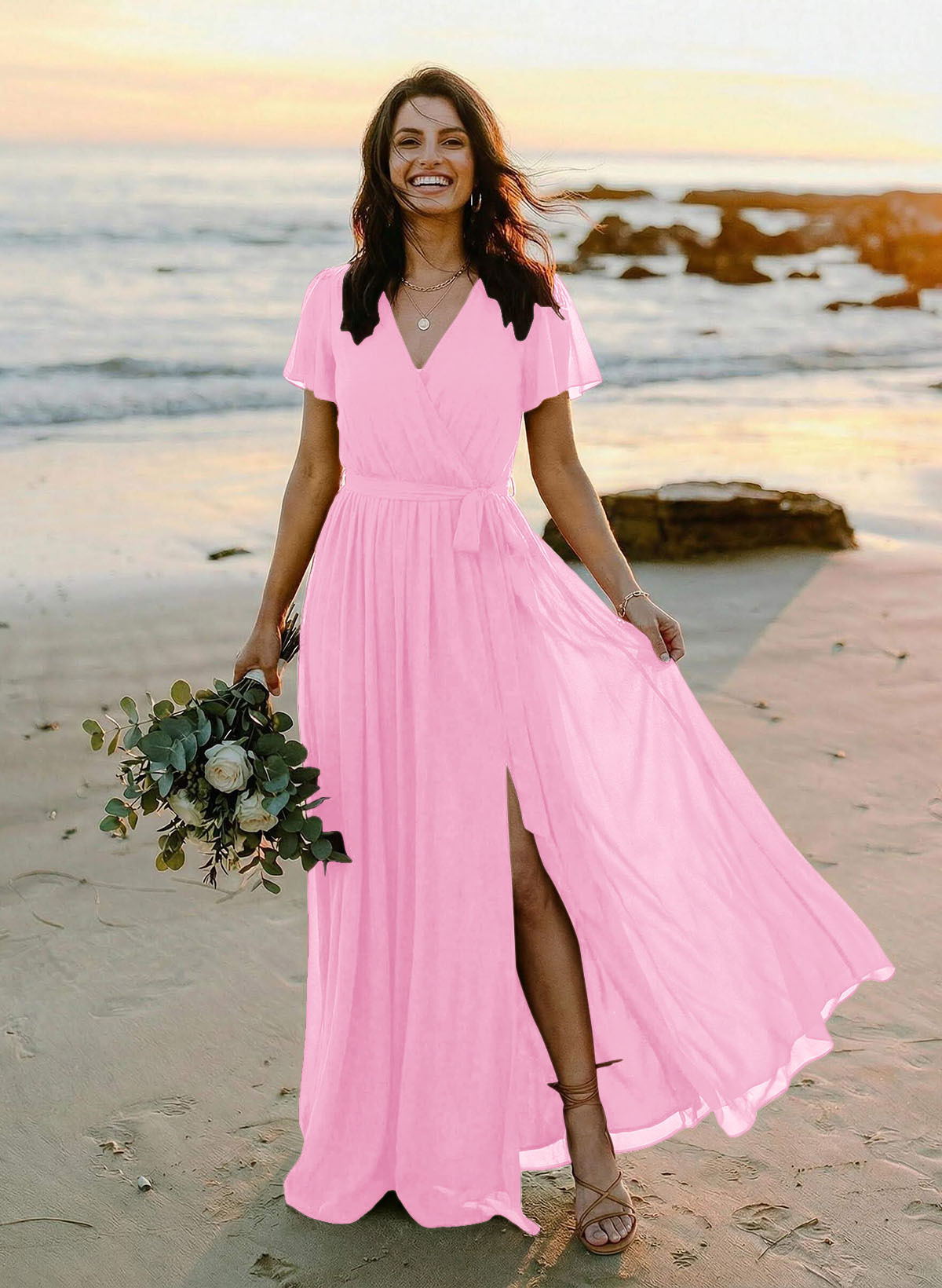 A-Line V-Neck Short Sleeves Chiffon Floor-Length Bridesmaid Dresses With Bow(s), product image 52