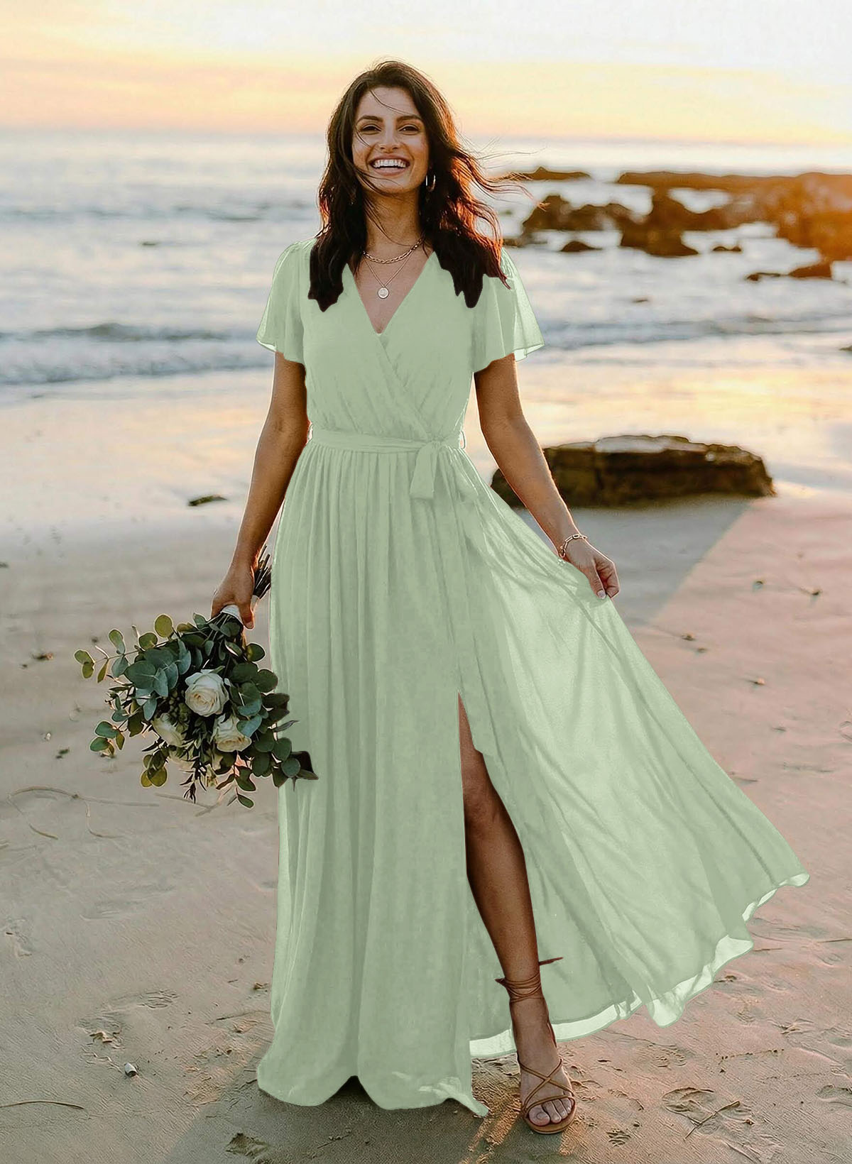 A-Line V-Neck Short Sleeves Chiffon Floor-Length Bridesmaid Dresses With Bow(s), product image 88