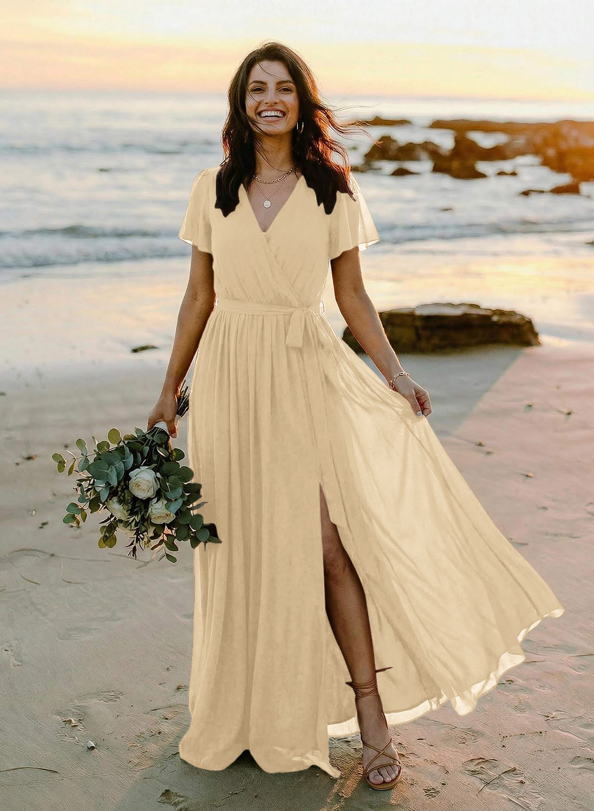A-Line V-Neck Short Sleeves Chiffon Floor-Length Bridesmaid Dresses With Bow(s), product image 96