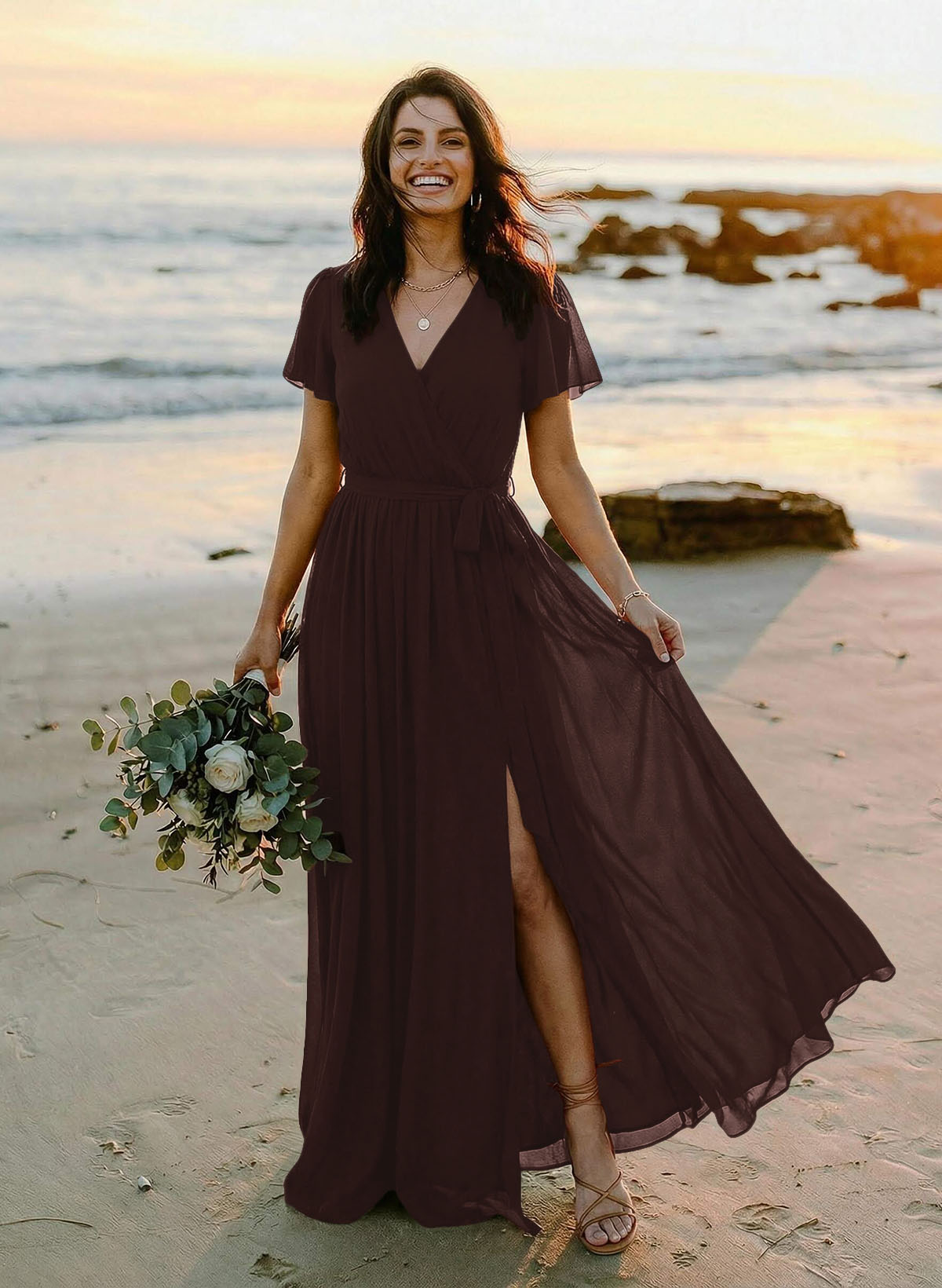 A-Line V-Neck Short Sleeves Chiffon Floor-Length Bridesmaid Dresses With Bow(s), product image 108