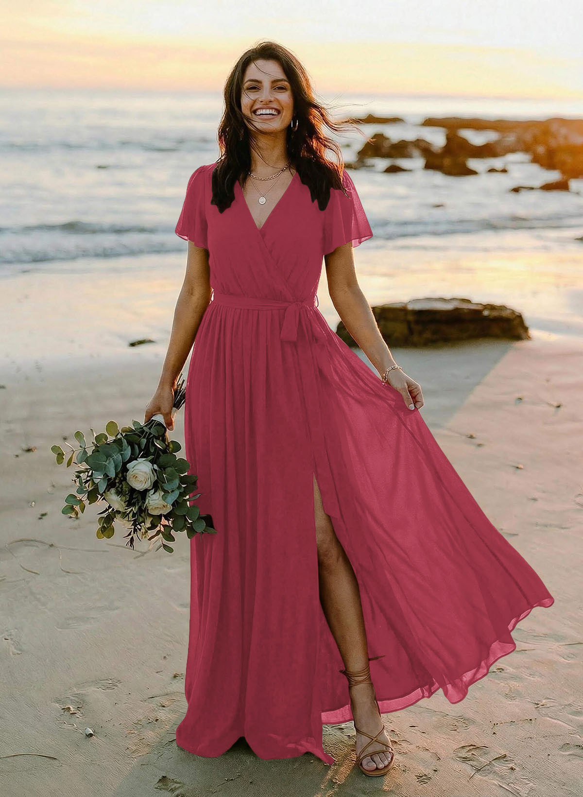 A-Line V-Neck Short Sleeves Chiffon Floor-Length Bridesmaid Dresses With Bow(s), product image 30