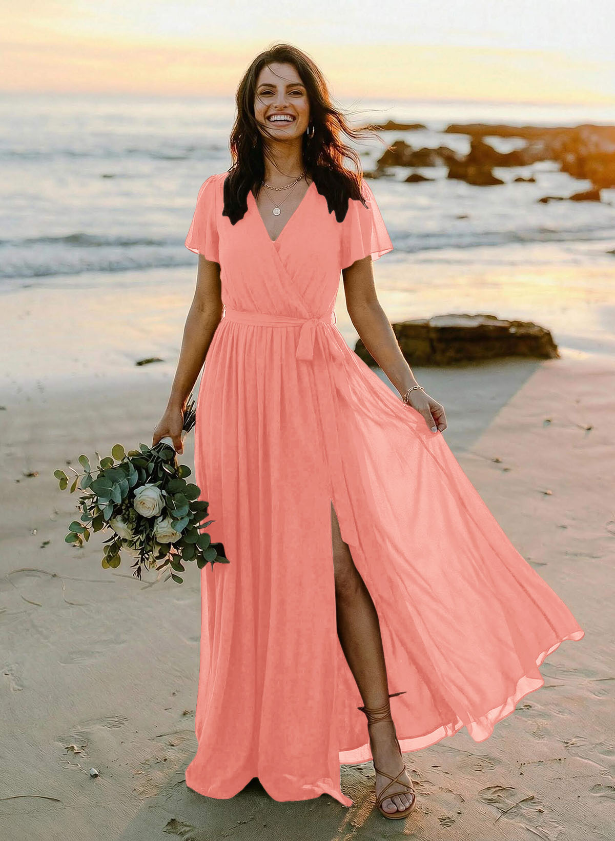 A-Line V-Neck Short Sleeves Chiffon Floor-Length Bridesmaid Dresses With Bow(s), product image 48