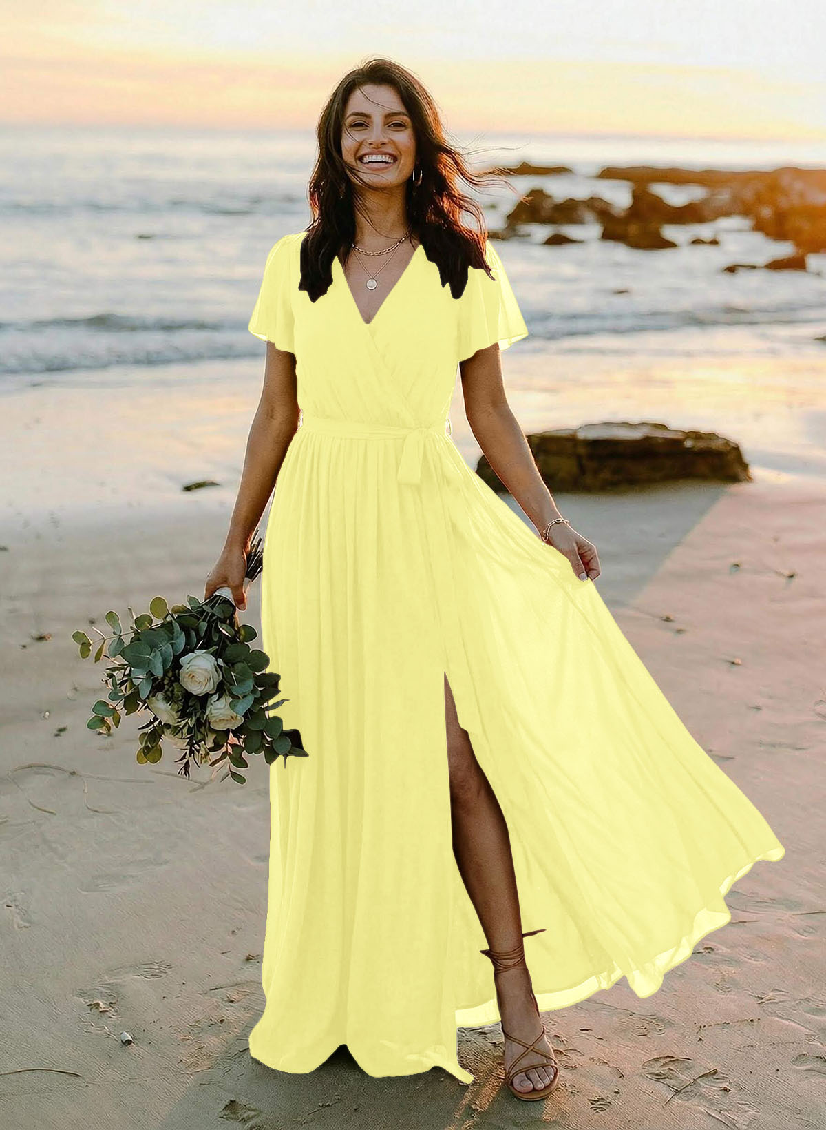 A-Line V-Neck Short Sleeves Chiffon Floor-Length Bridesmaid Dresses With Bow(s), product image 100