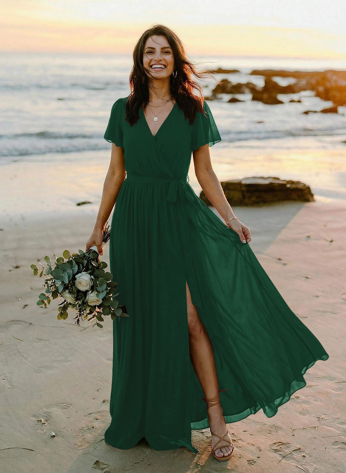 A-Line V-Neck Short Sleeves Chiffon Floor-Length Bridesmaid Dresses With Bow(s), product image 80