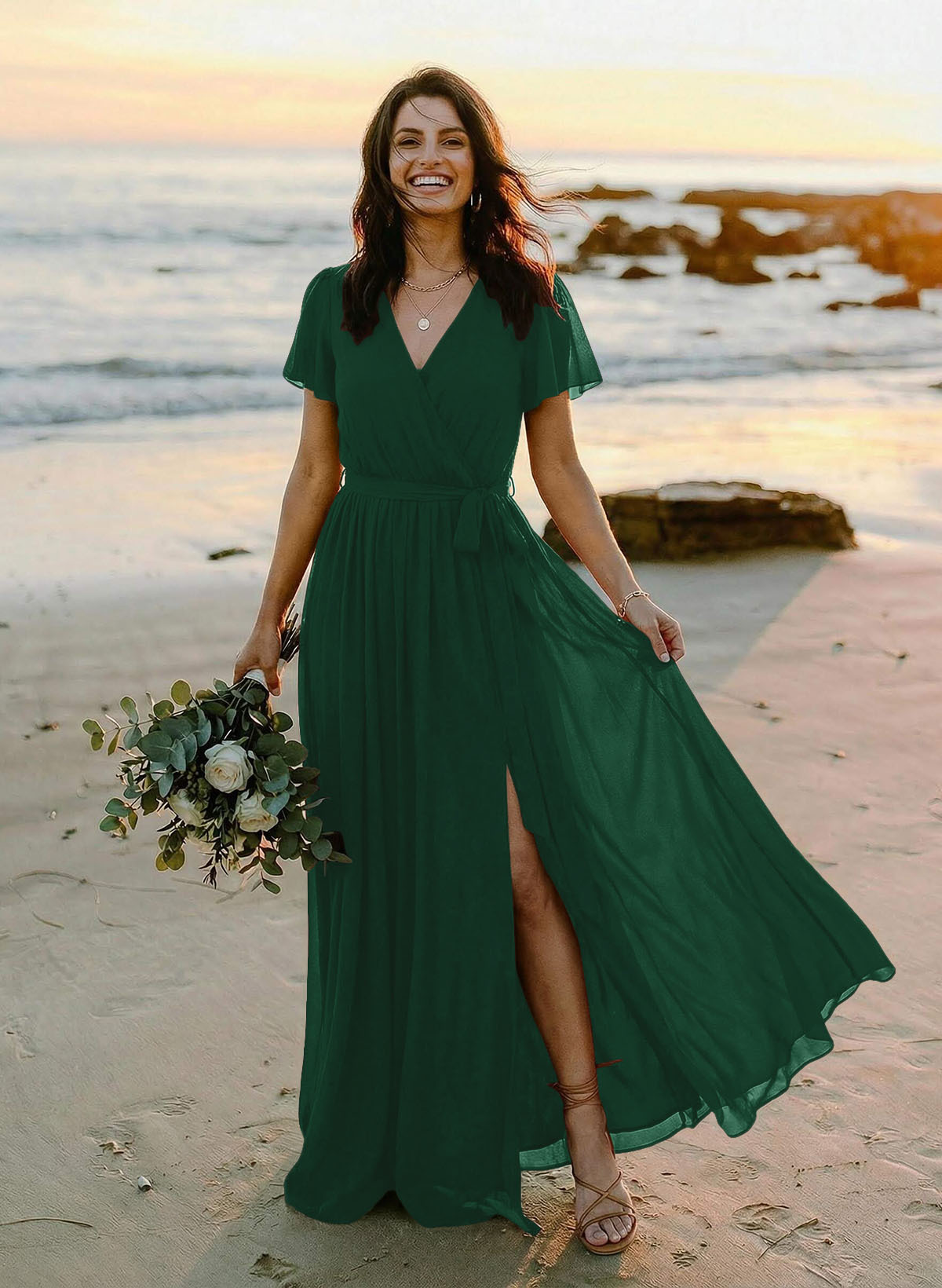 A-Line V-Neck Short Sleeves Chiffon Floor-Length Bridesmaid Dresses With Bow(s), product image 80