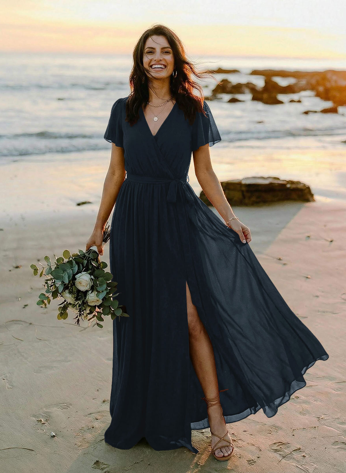 A-Line V-Neck Short Sleeves Chiffon Floor-Length Bridesmaid Dresses With Bow(s), product image 4