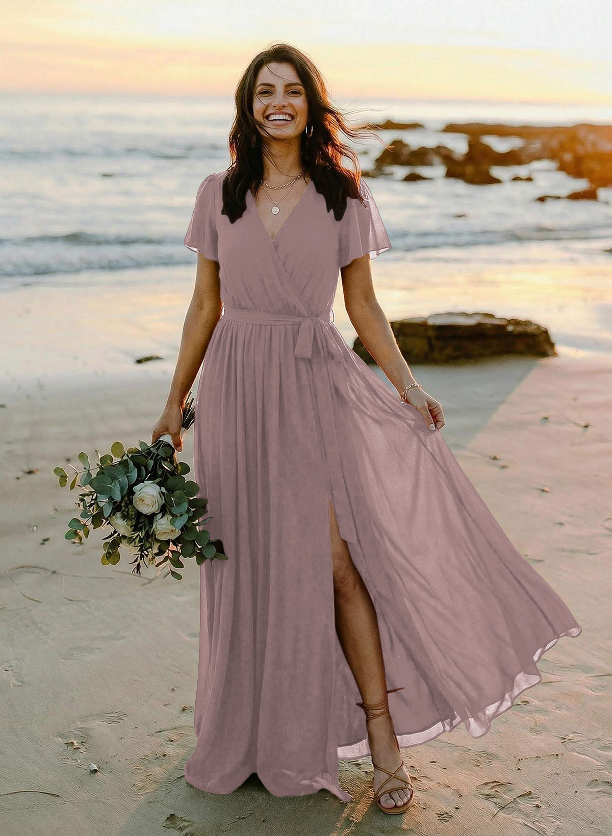 A-Line V-Neck Short Sleeves Chiffon Floor-Length Bridesmaid Dresses With Bow(s), product image 54