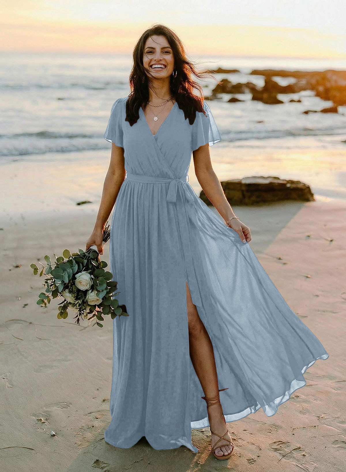 A-Line V-Neck Short Sleeves Chiffon Floor-Length Bridesmaid Dresses With Bow(s), product image 8