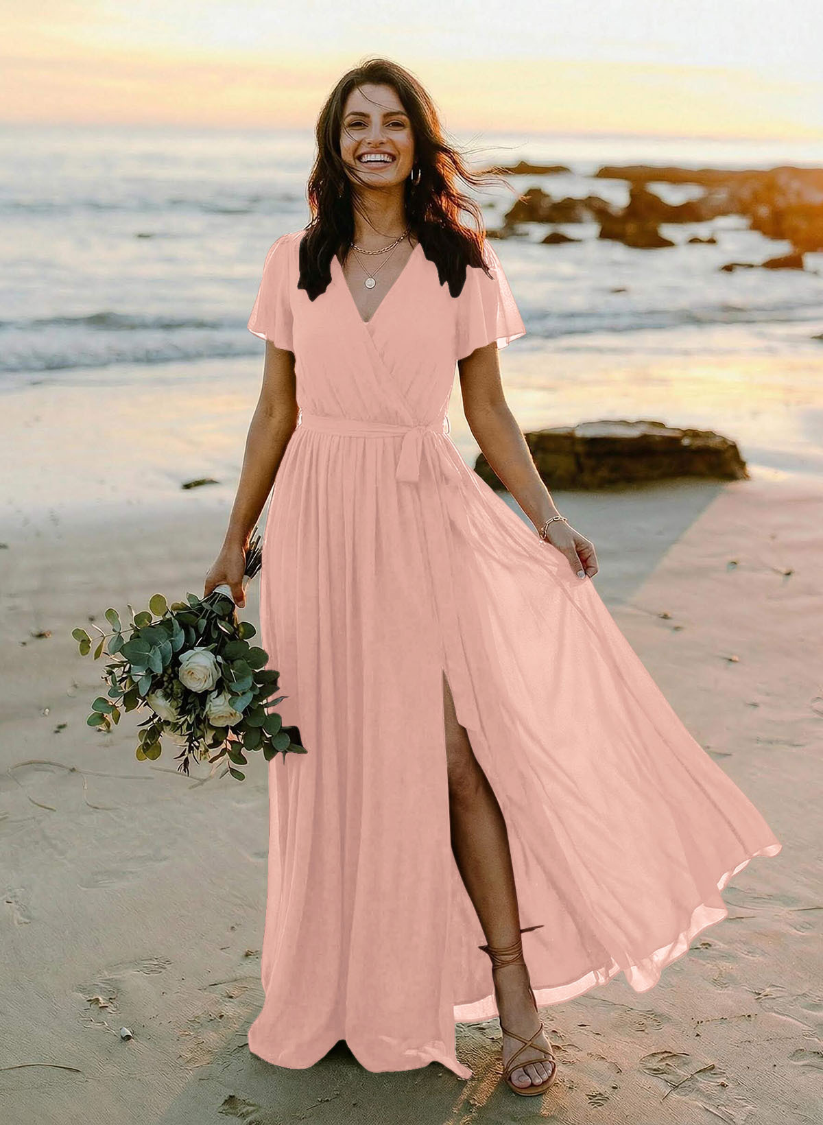 A-Line V-Neck Short Sleeves Chiffon Floor-Length Bridesmaid Dresses With Bow(s), product image 40