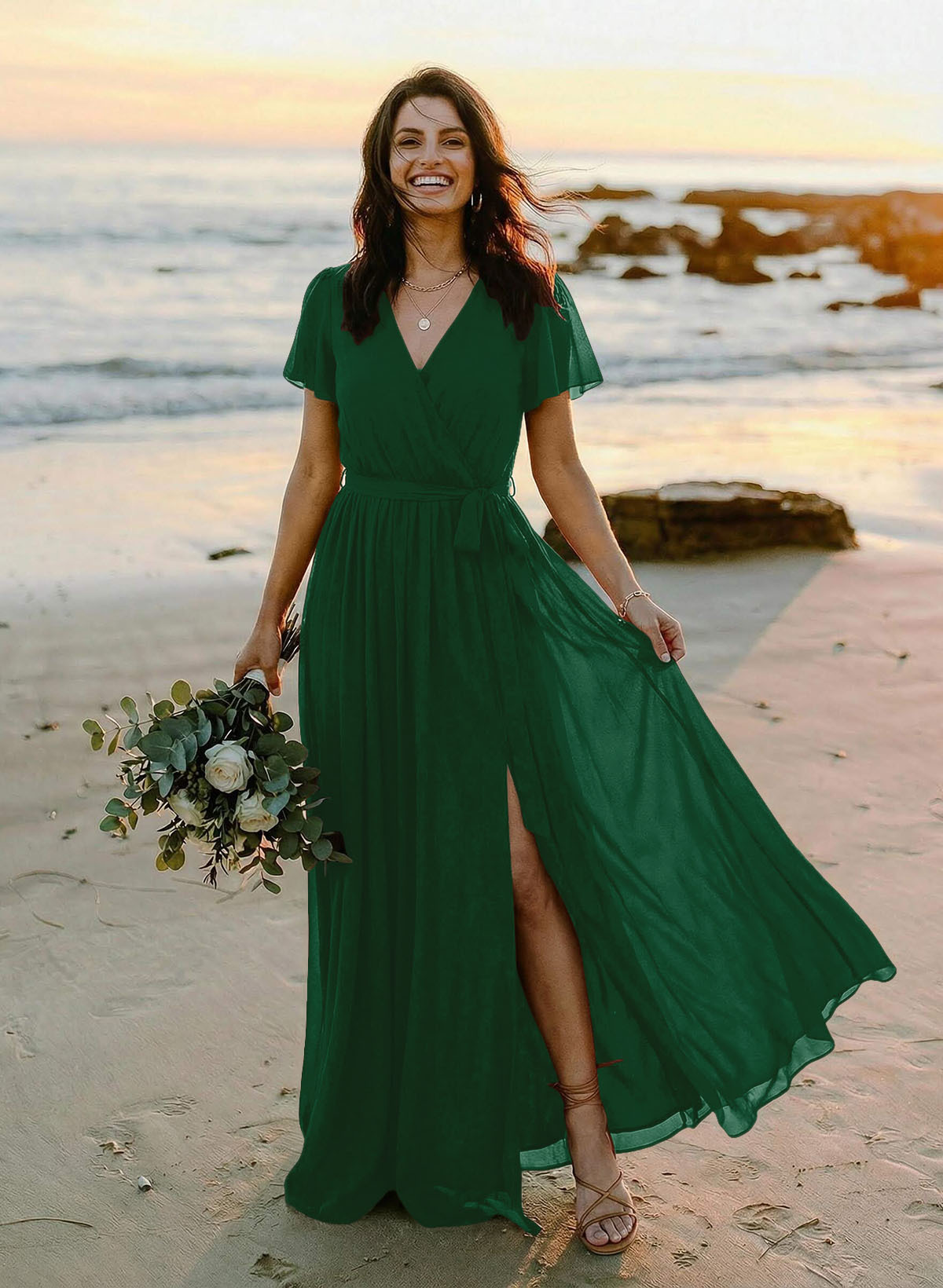 A-Line V-Neck Short Sleeves Chiffon Floor-Length Bridesmaid Dresses With Bow(s), product image 130