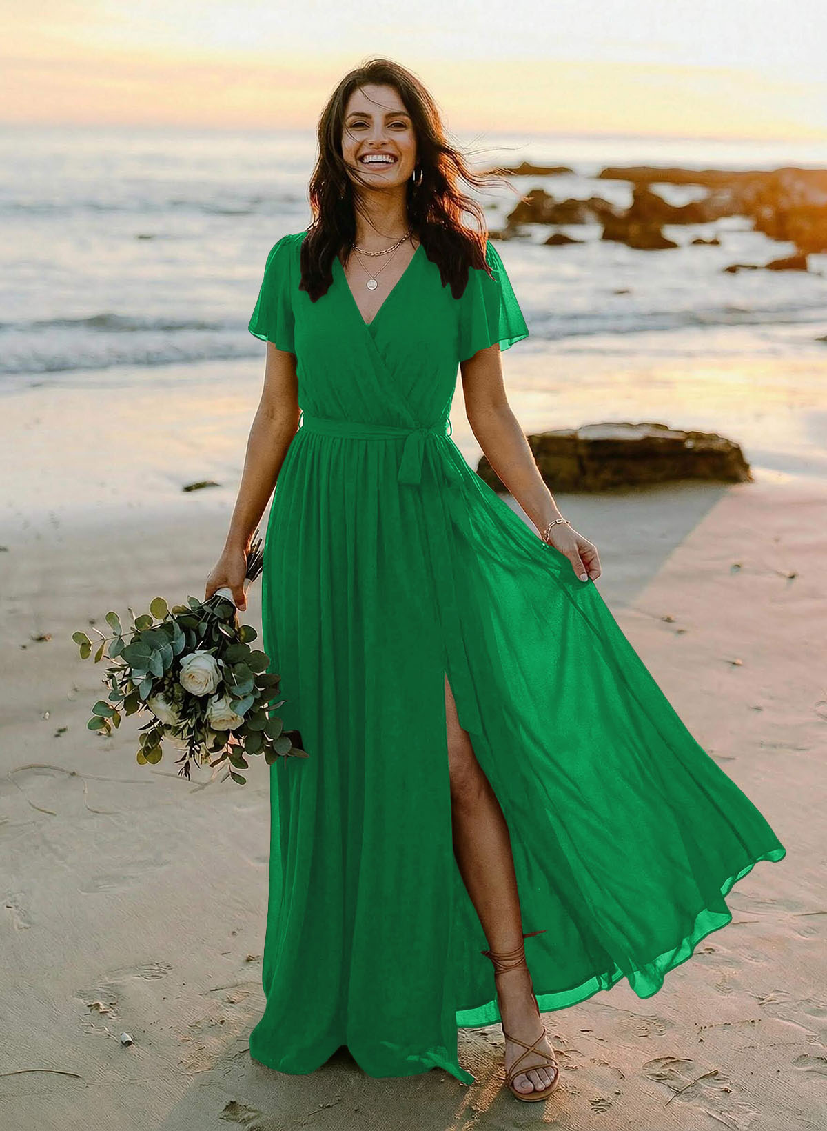 A-Line V-Neck Short Sleeves Chiffon Floor-Length Bridesmaid Dresses With Bow(s), product image 128