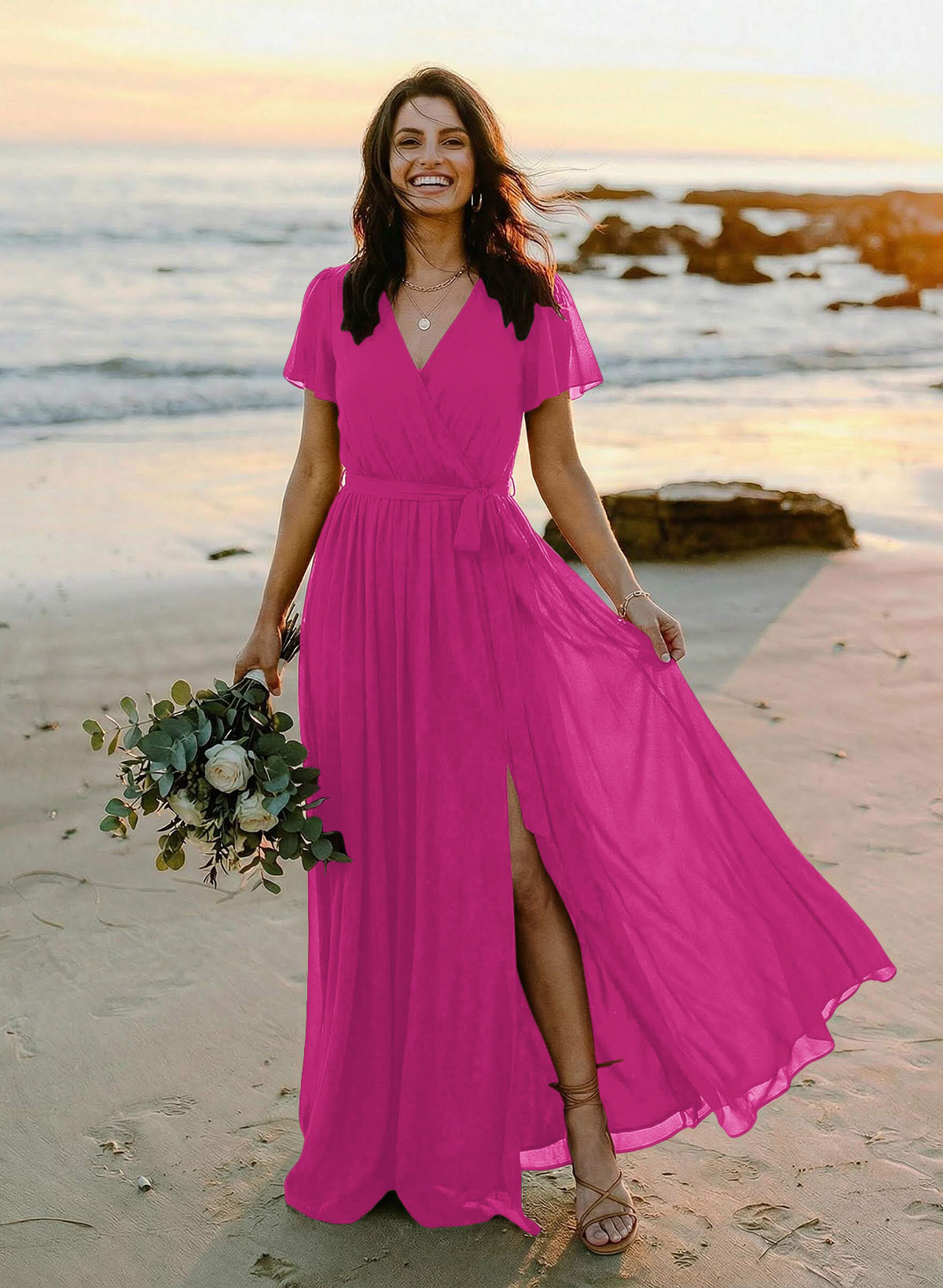 A-Line V-Neck Short Sleeves Chiffon Floor-Length Bridesmaid Dresses With Bow(s), product image 76