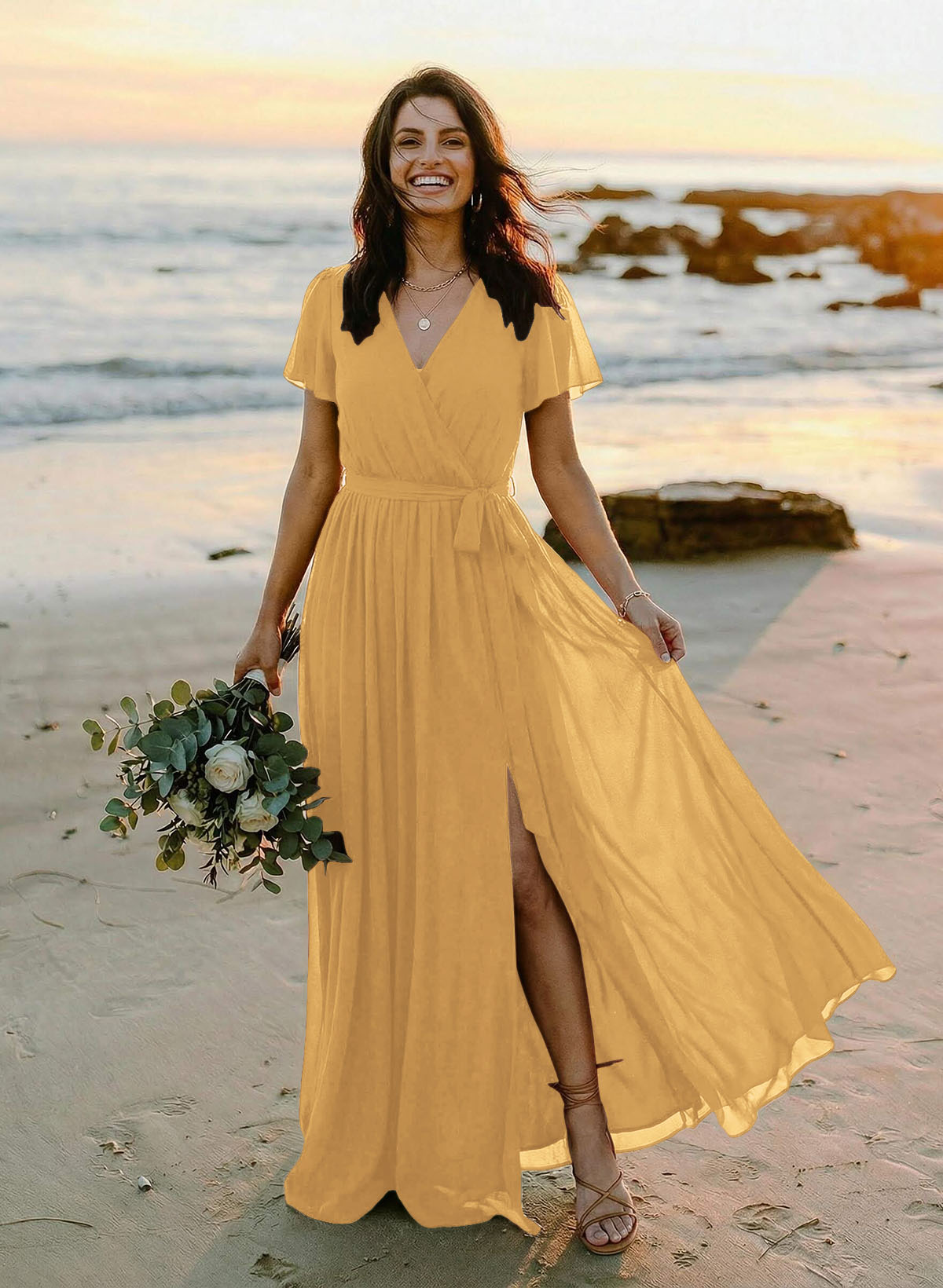 A-Line V-Neck Short Sleeves Chiffon Floor-Length Bridesmaid Dresses With Bow(s), product image 102
