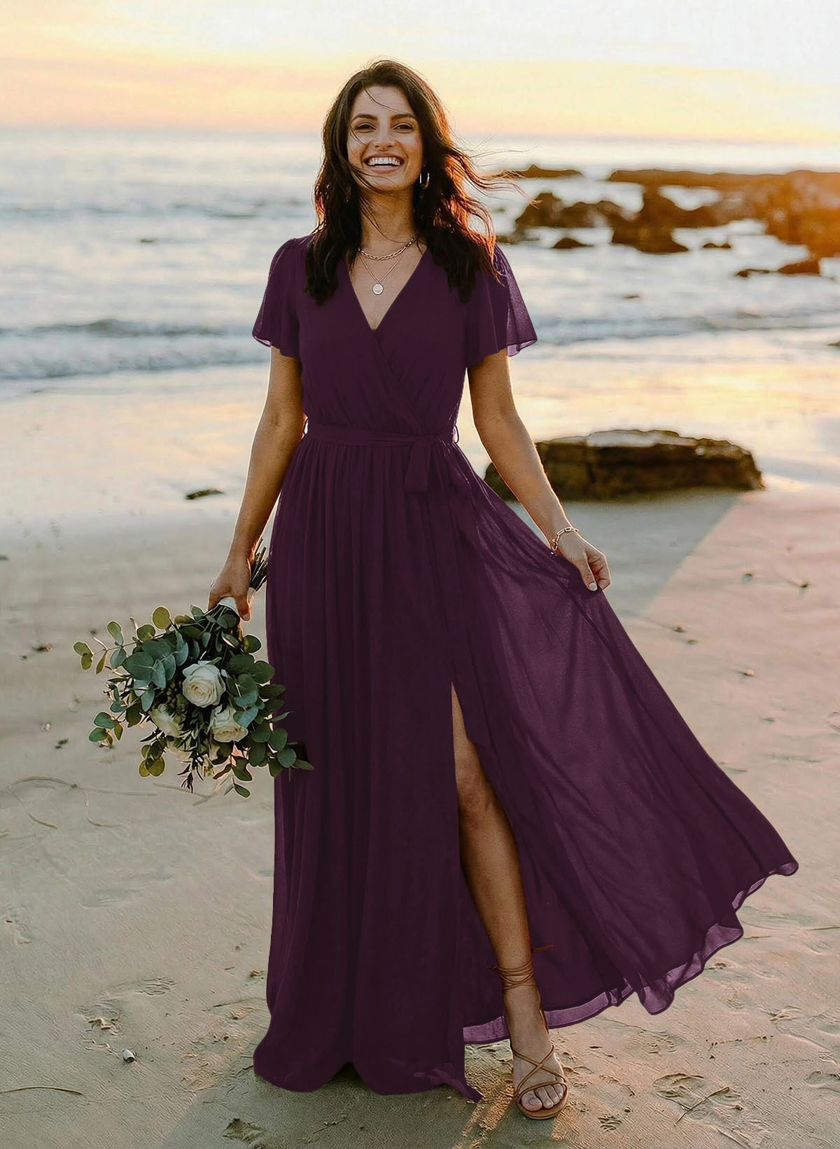 A-Line V-Neck Short Sleeves Chiffon Floor-Length Bridesmaid Dresses With Bow(s), product image 70